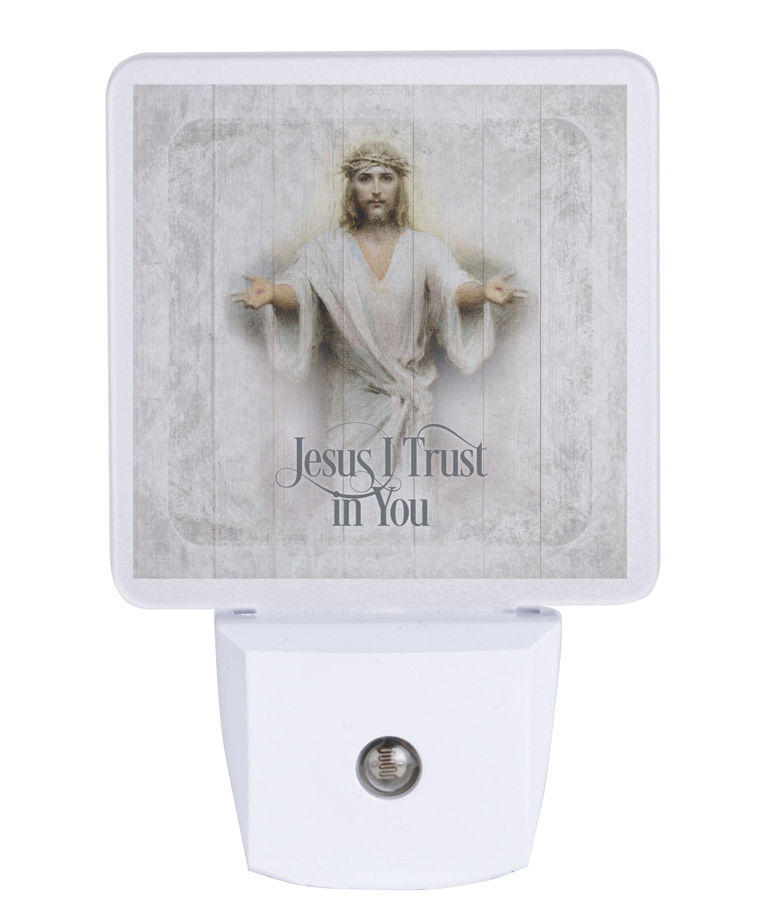 Jesus I Trust In You LED nightlight with faith message, auto-on LED light and standard plug