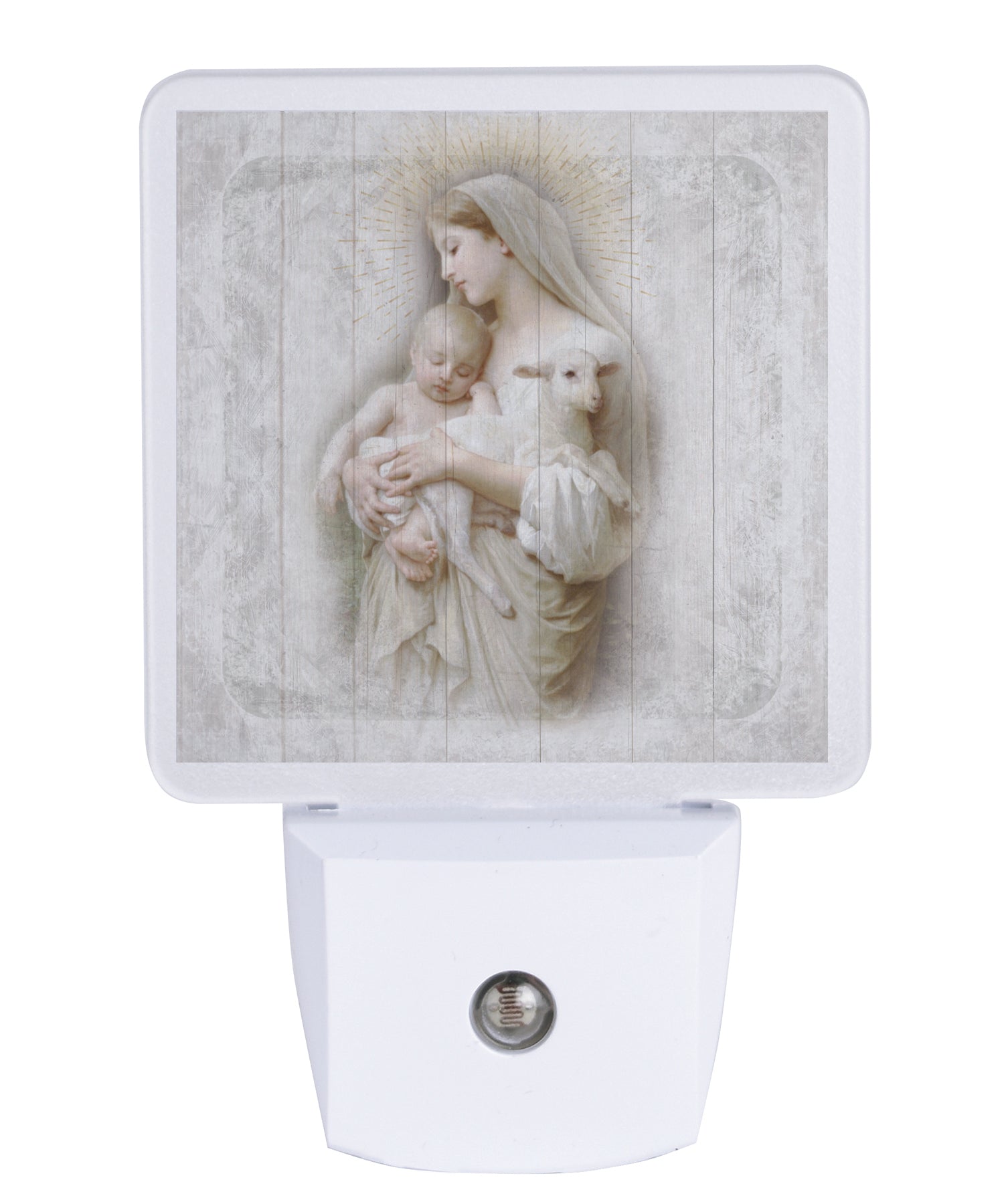 LED nightlight featuring Mary, Jesus, and a lamb, perfect for any décor.