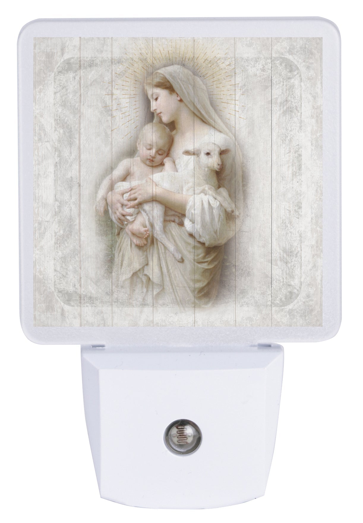 LED nightlight featuring Mary, Jesus, and a lamb, perfect for any décor.