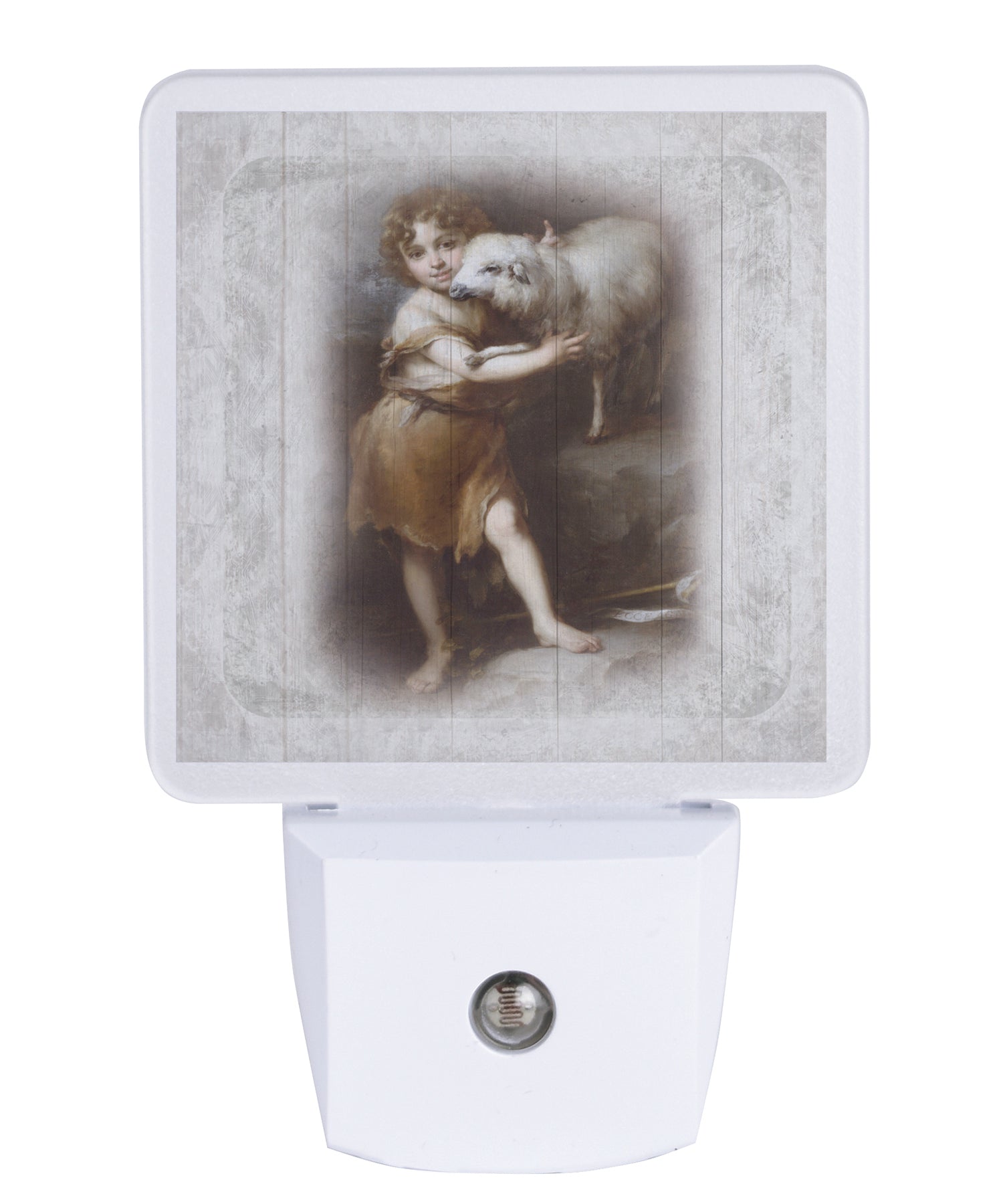 St. John the Baptist and the Lamb LED nightlight with religious artwork, auto-on LED light and standard plug
