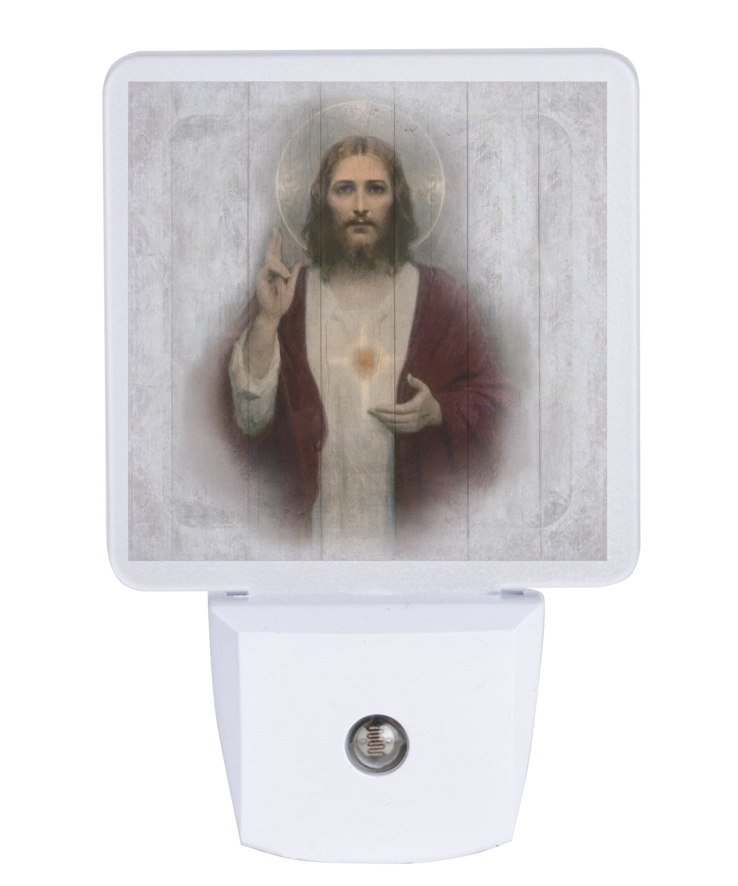 Sacred Heart LED nightlight with religious artwork, auto-on LED light and standard plug