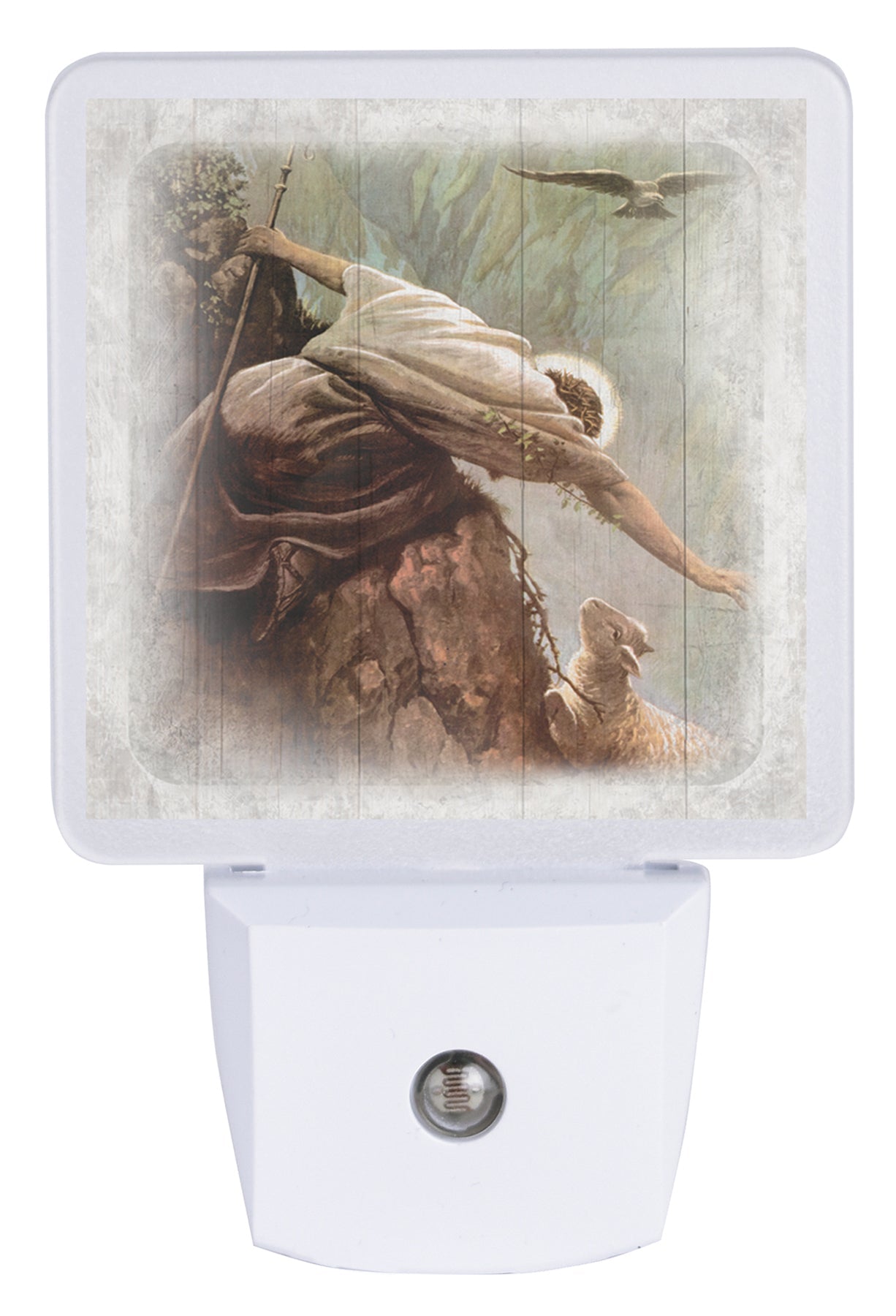 LED nightlight featuring Jesus reaching for the lost sheep, perfect for any décor.