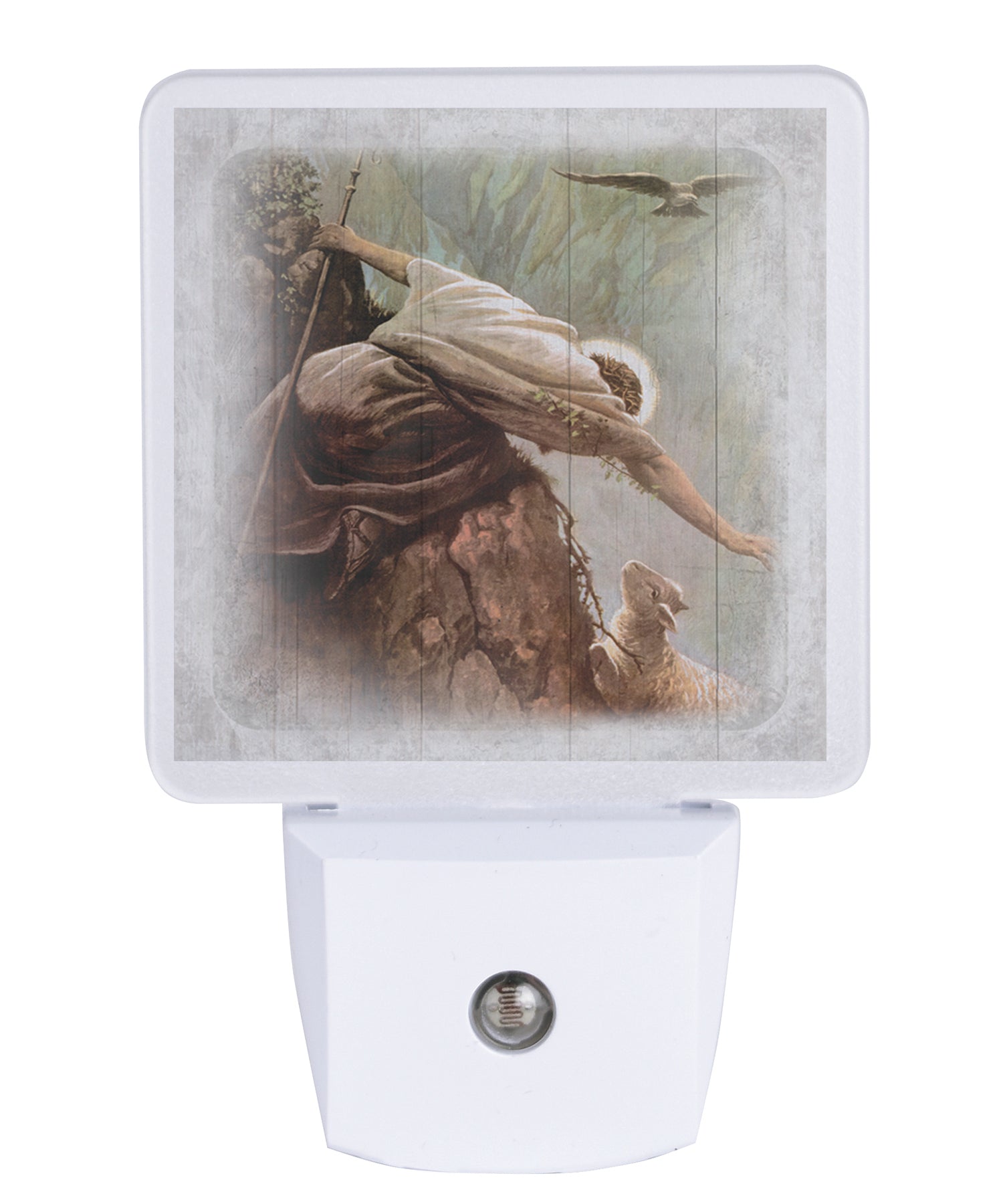 The Lost Sheep LED nightlight with faith artwork, auto-on LED light and standard plug