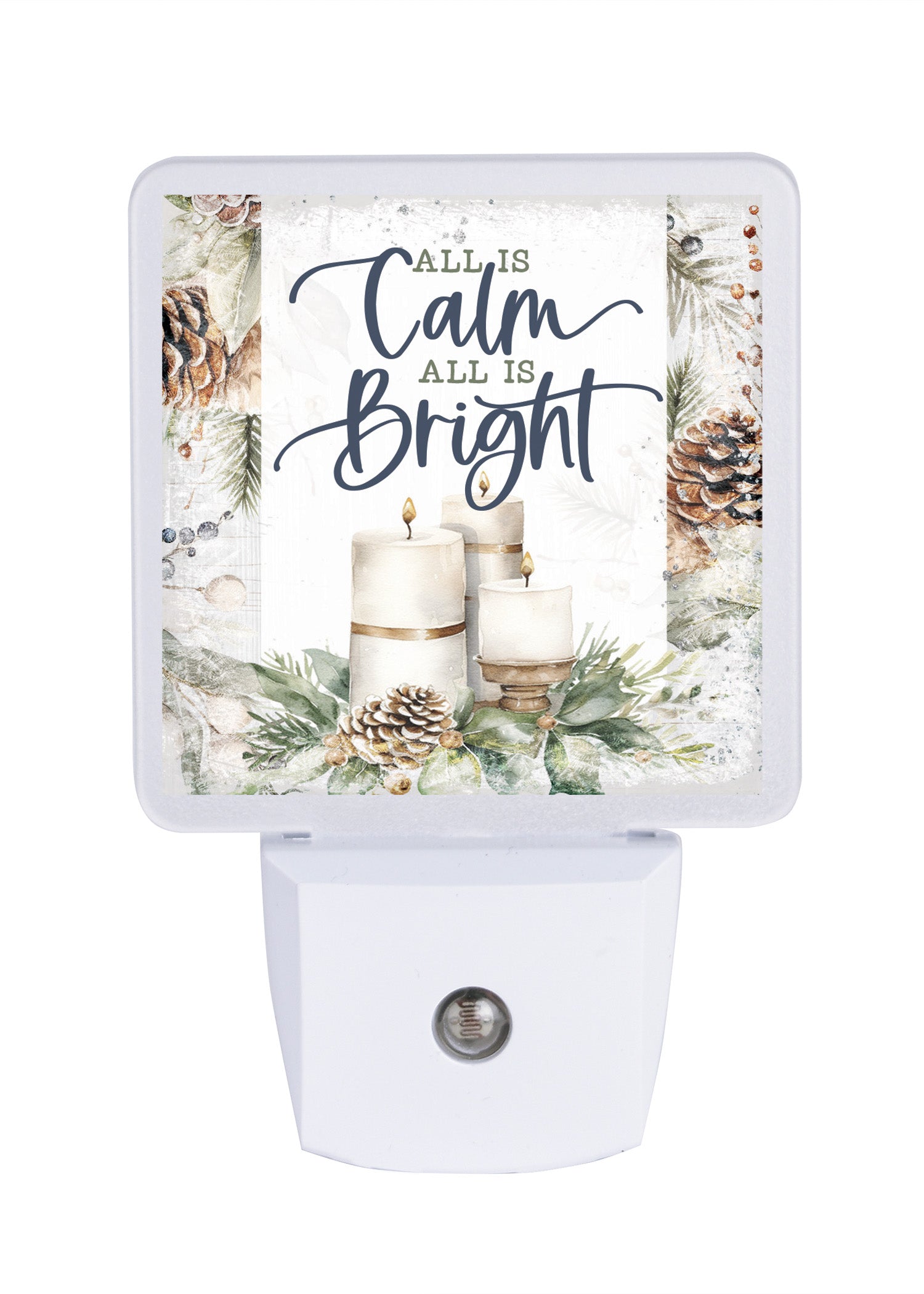 LED nightlight featuring three candles and evergreens, perfect for festive holiday décor.