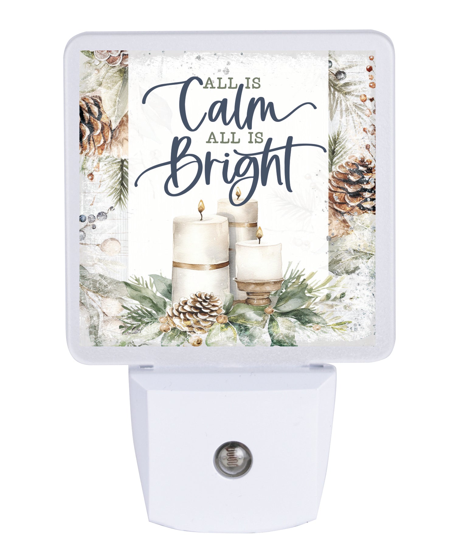 LED nightlight featuring three candles and evergreens, perfect for festive holiday décor.