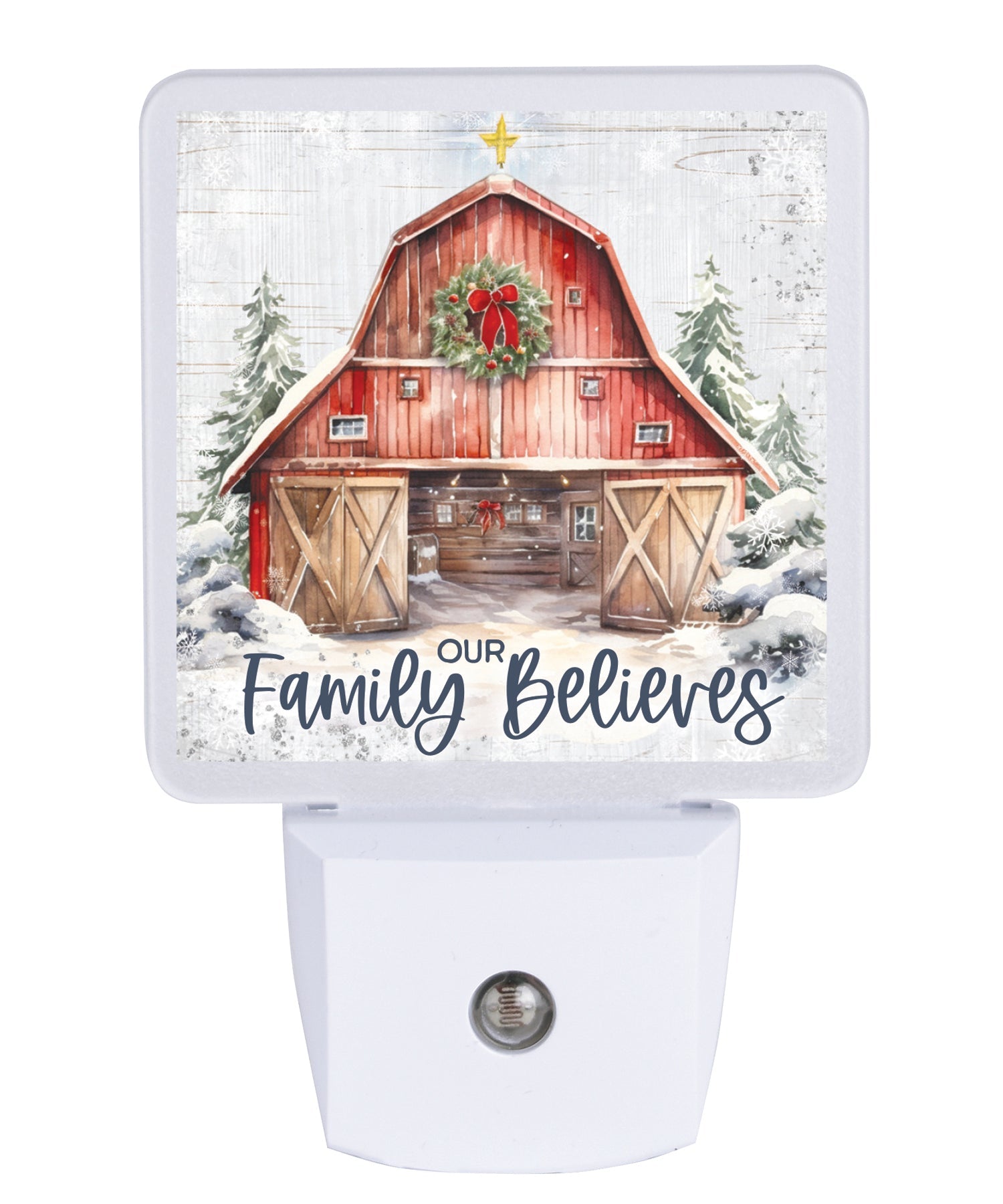 Our Family Believes LED nightlight with faith message, auto-on LED light and standard plug