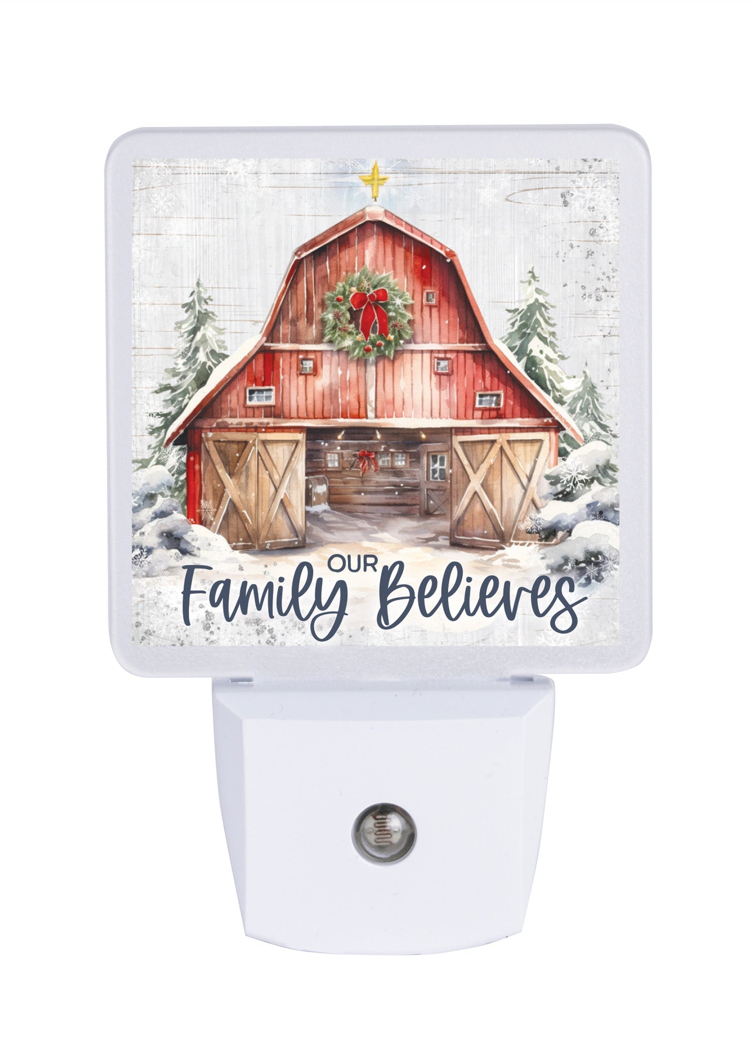 LED nightlight featuring a red barn with open doors, perfect for festive holiday décor.