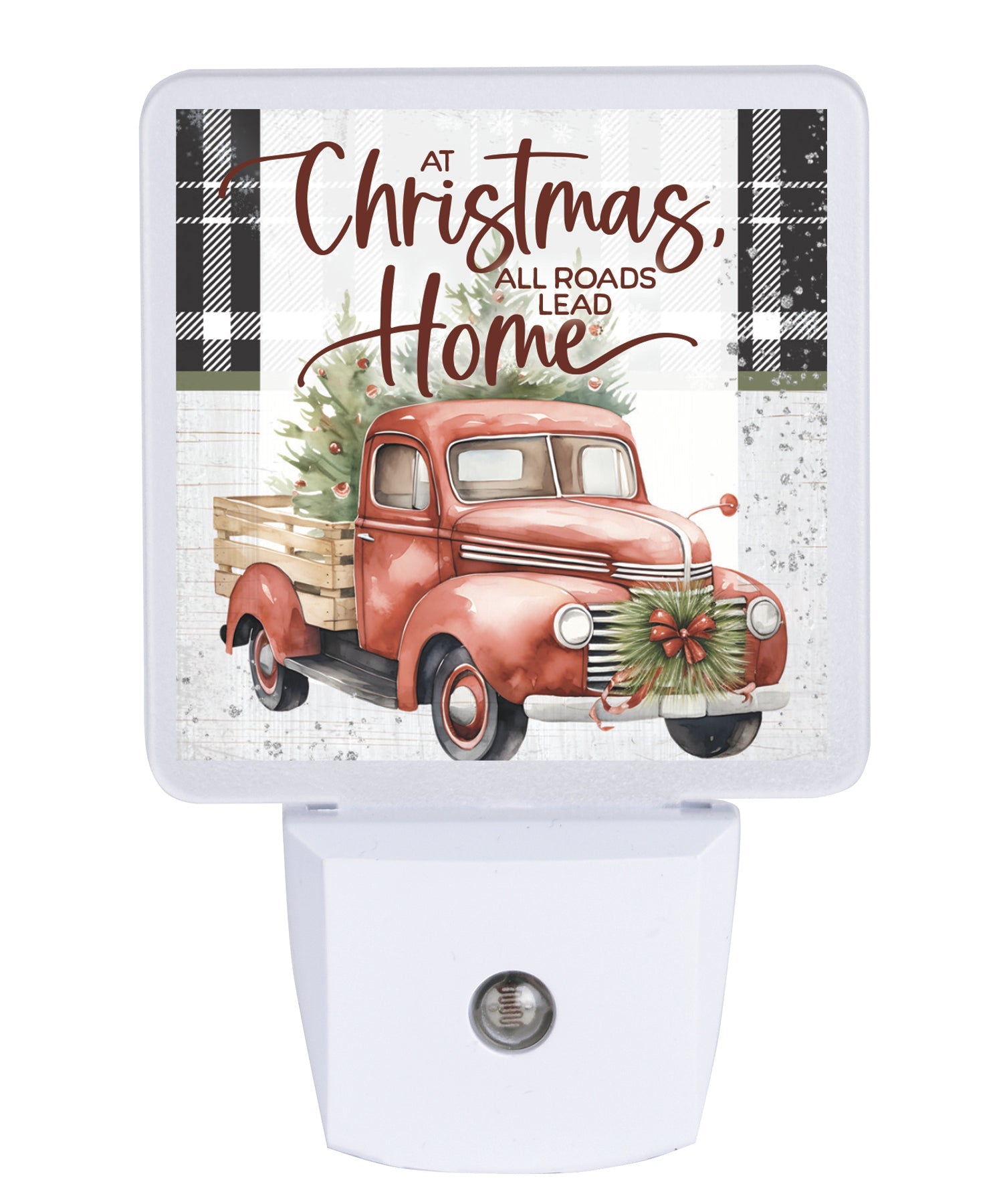 LED nightlight featuring a red antique truck with a Christmas Tree in the back, perfect for festive holiday décor.