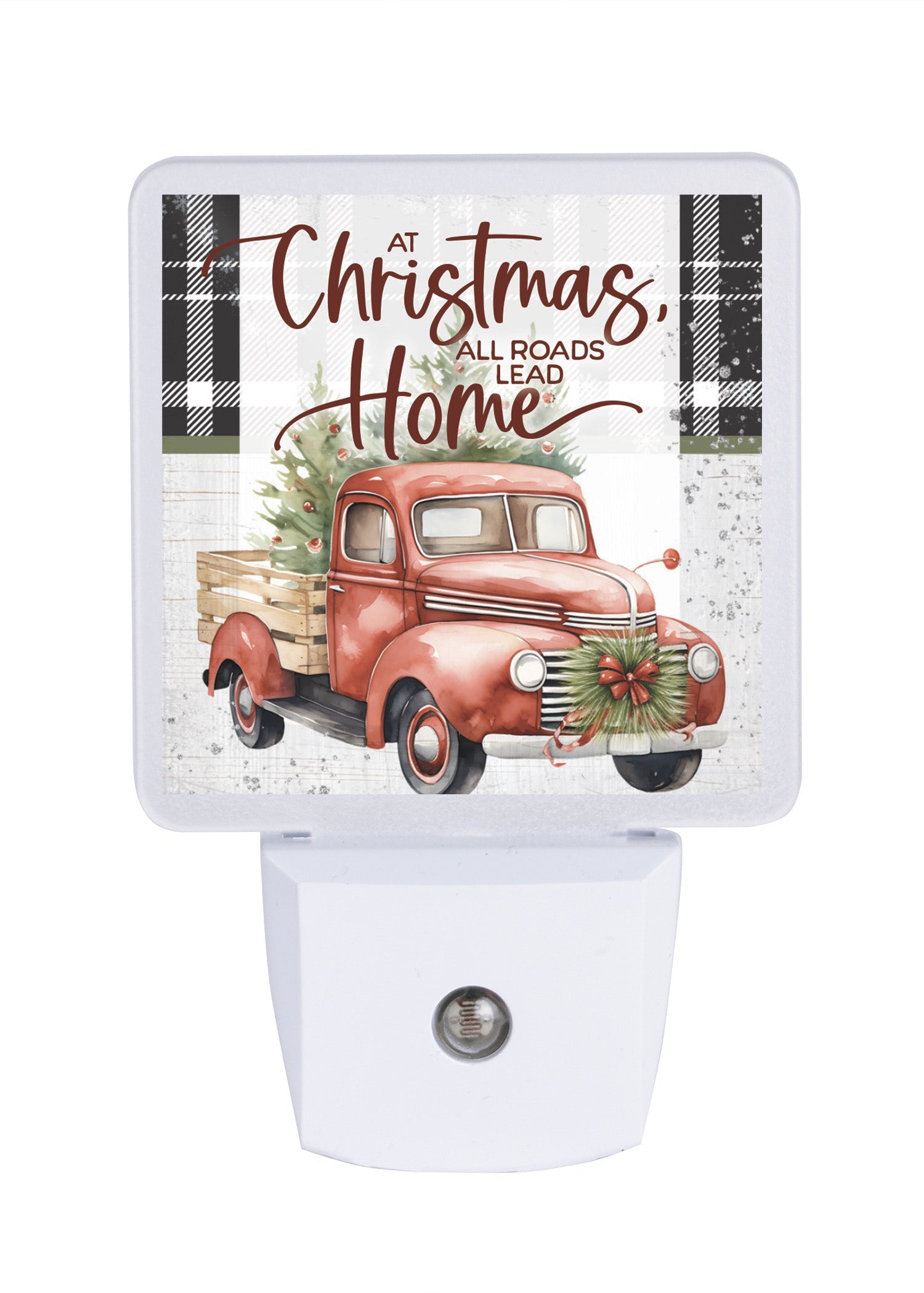 LED nightlight featuring a red antique truck with a Christmas Tree in the back, perfect for festive holiday décor.