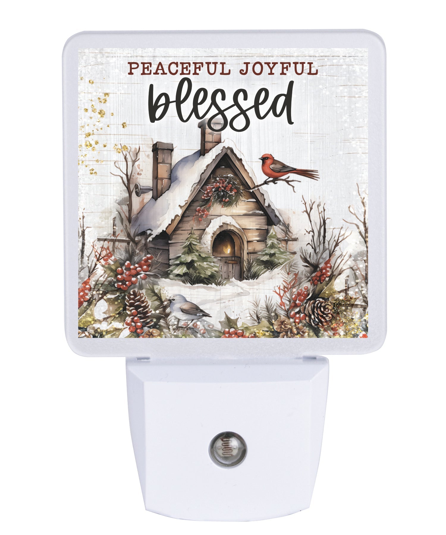 Peaceful Joyful Blessed LED nightlight with faith message and auto-on LED light