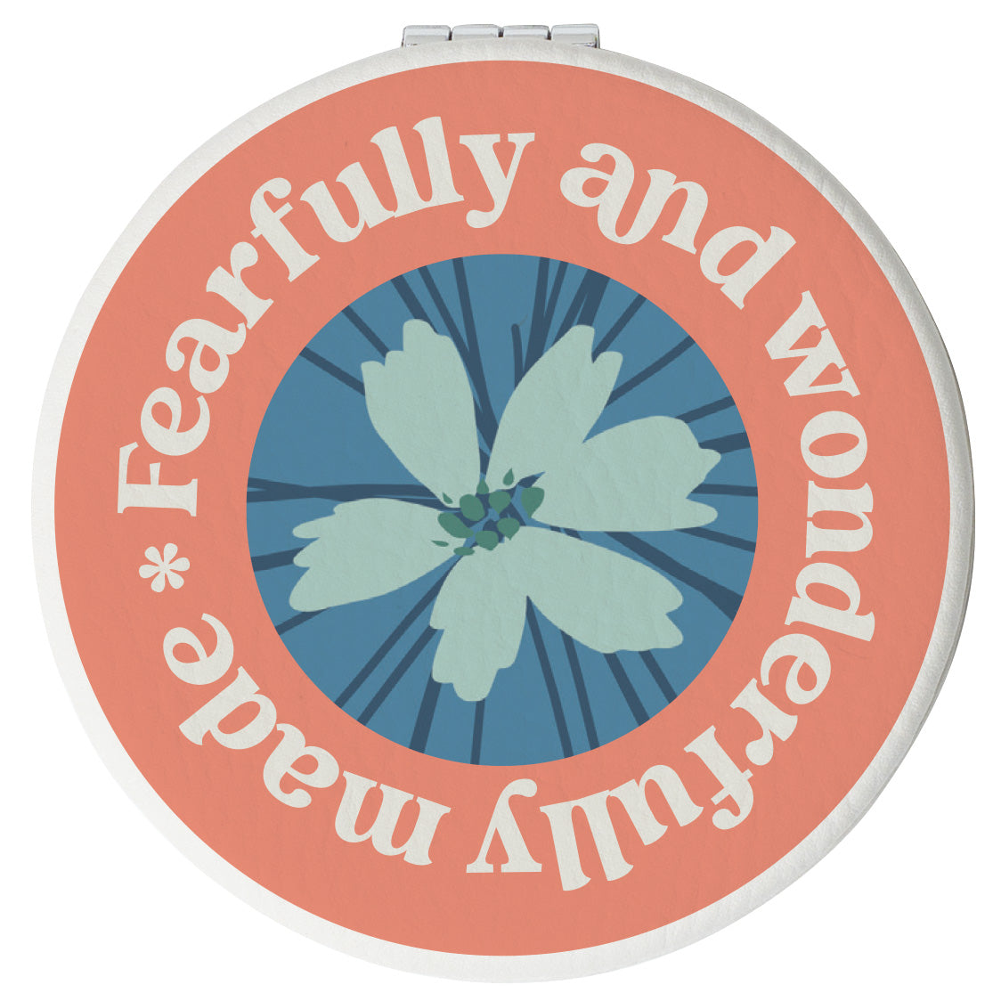 Round compact mirror with a leatherette cover, full-color “Fearfully and Wonderfully Made” design, 1X and 2X mirrors inside, and magnetic closure.