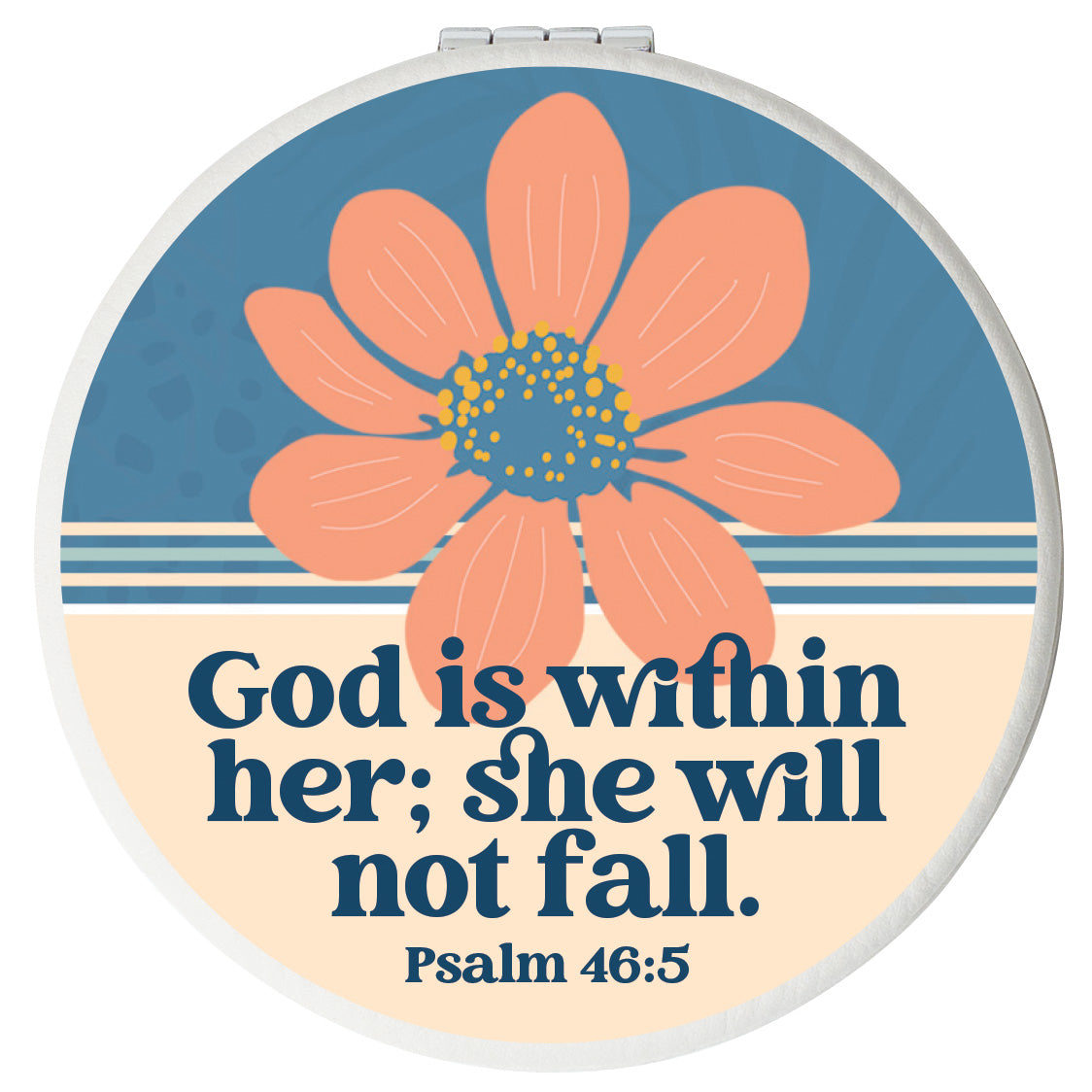 Round compact mirror with a leatherette cover, full-color “God Is Within Her” design, 1X and 2X mirrors inside, and magnetic closure.