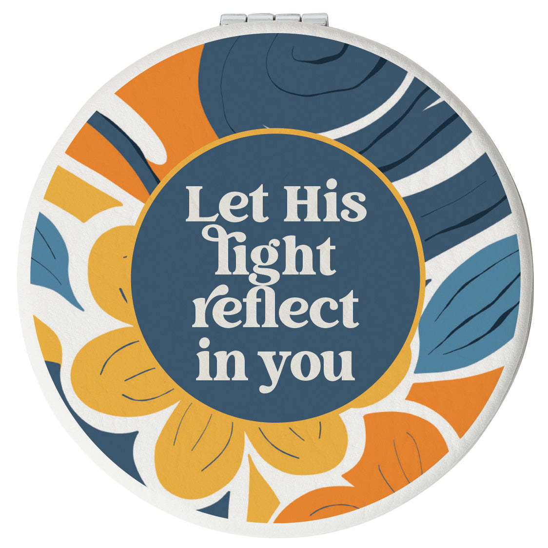 Round compact mirror with a leatherette cover, full-color “Let His Light Reflect in You” design, 1X and 2X mirrors inside, and magnetic closure.