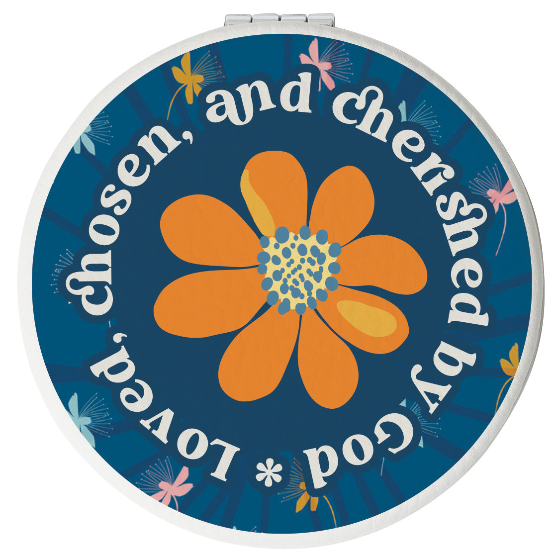 Round compact mirror with a leatherette cover, full-color “Loved Chosen Cherished” design, 1X and 2X mirrors inside, and magnetic closure.