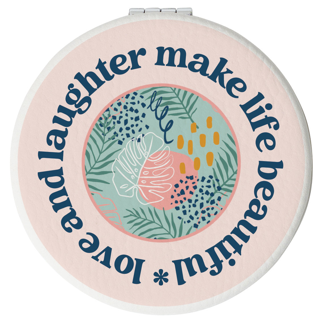 Round compact mirror with a leatherette cover, full-color “Love and Laughter” design, 1X and 2X mirrors inside, and magnetic closure.