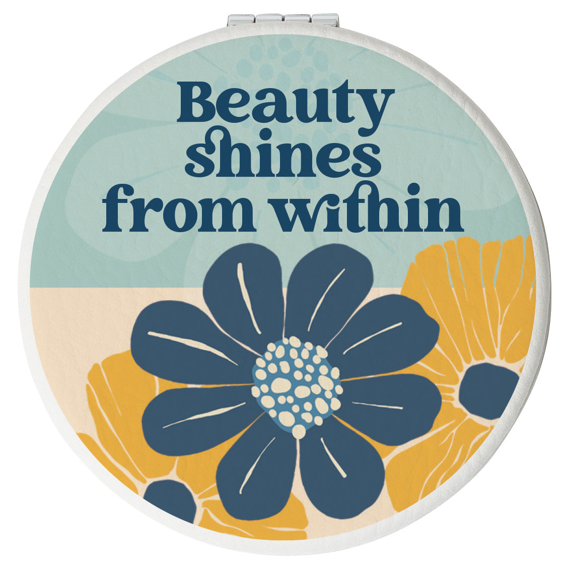 Round compact mirror with a leatherette cover, full-color “Beauty Shines From Within” design, 1X and 2X mirrors inside, and magnetic closure.