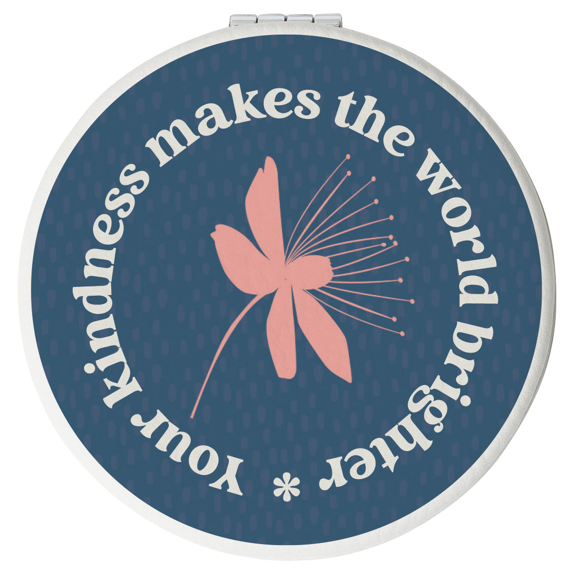 Round compact mirror with a leatherette cover, full-color “Your Kindness” design, 1X and 2X mirrors inside, and magnetic closure.