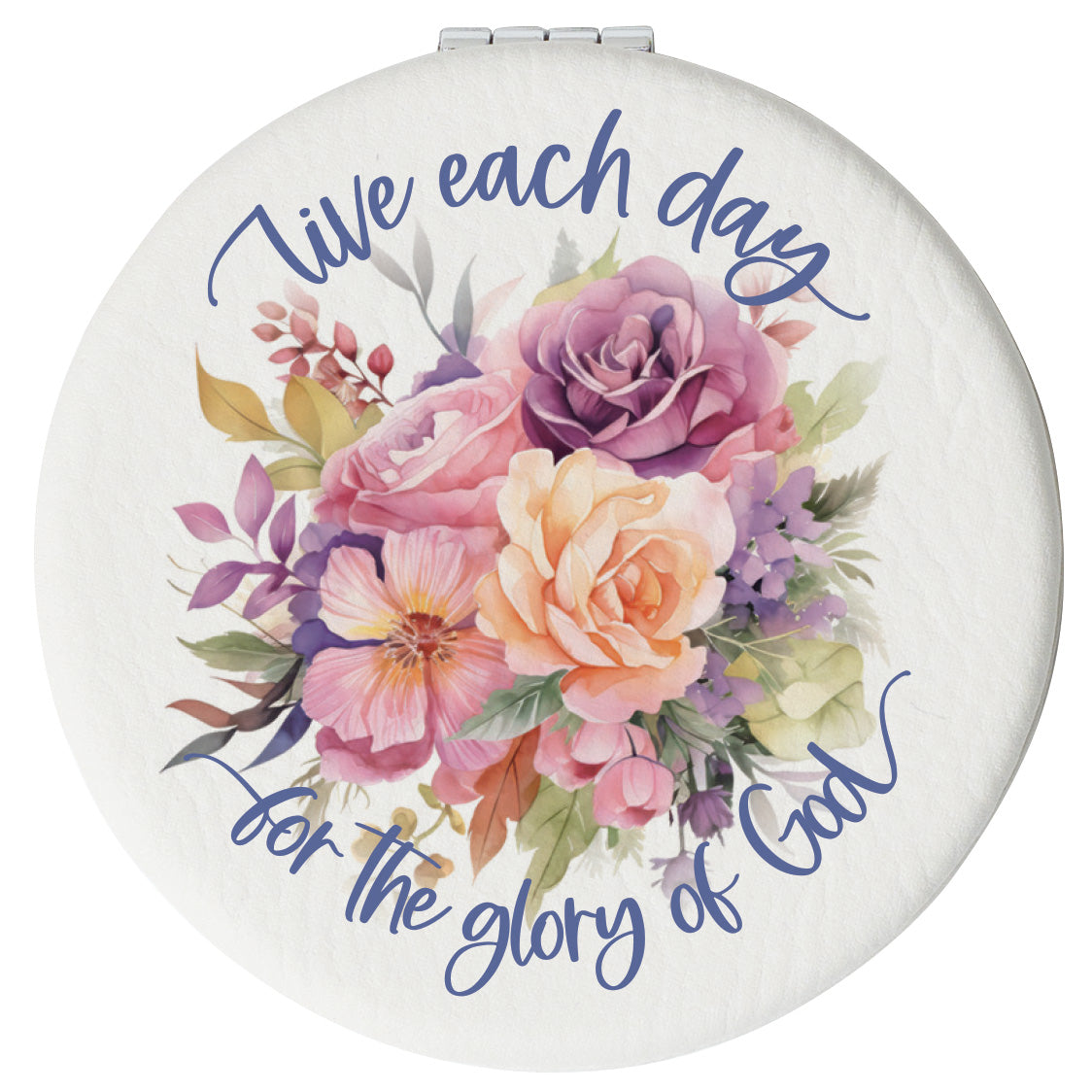 Round compact mirror with a leatherette cover, full-color “Live Each Day” design, 1X and 2X mirrors inside, and magnetic closure.