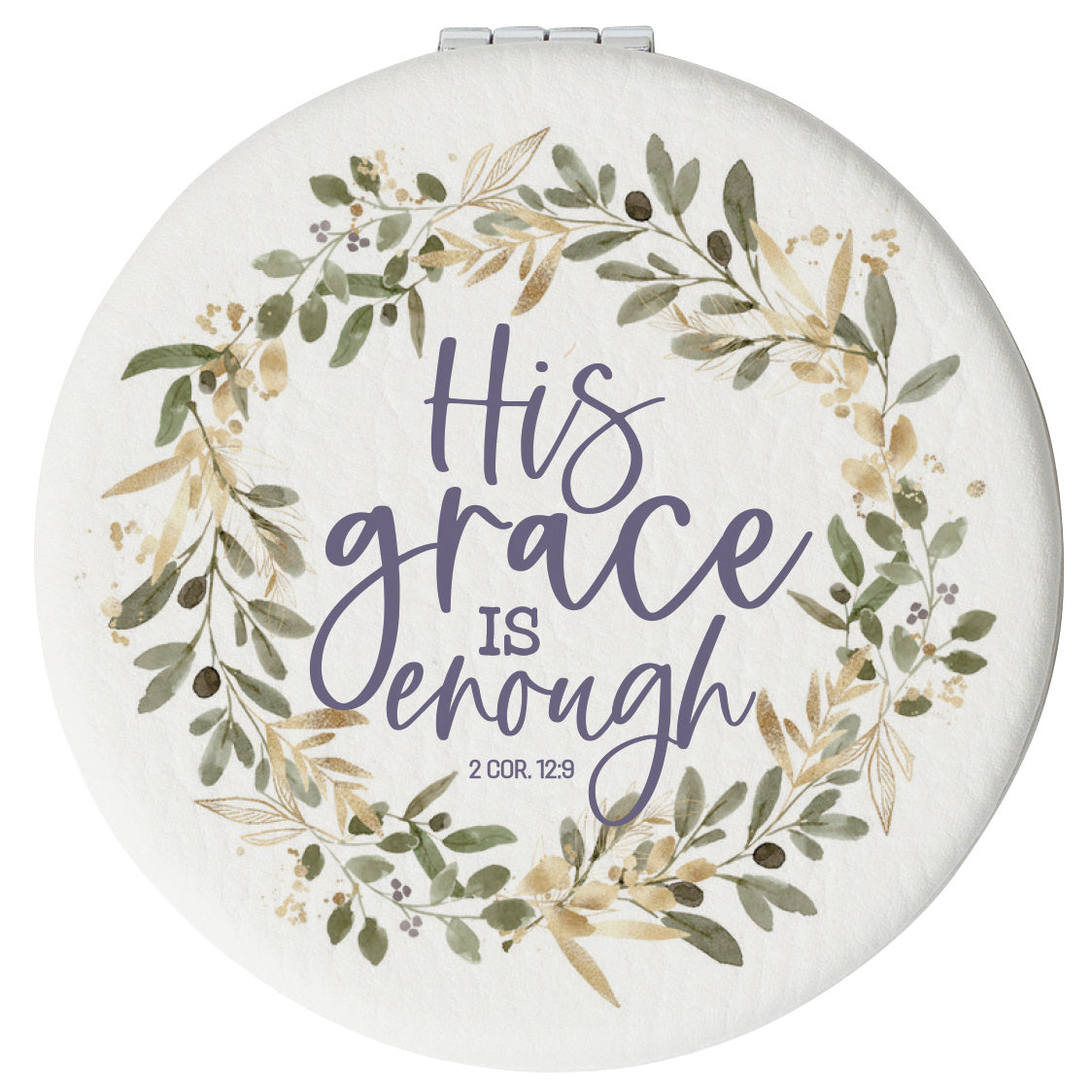 Round compact mirror with a leatherette cover, full-color “His Grace Is Enough” design, 1X and 2X mirrors inside, and magnetic closure.