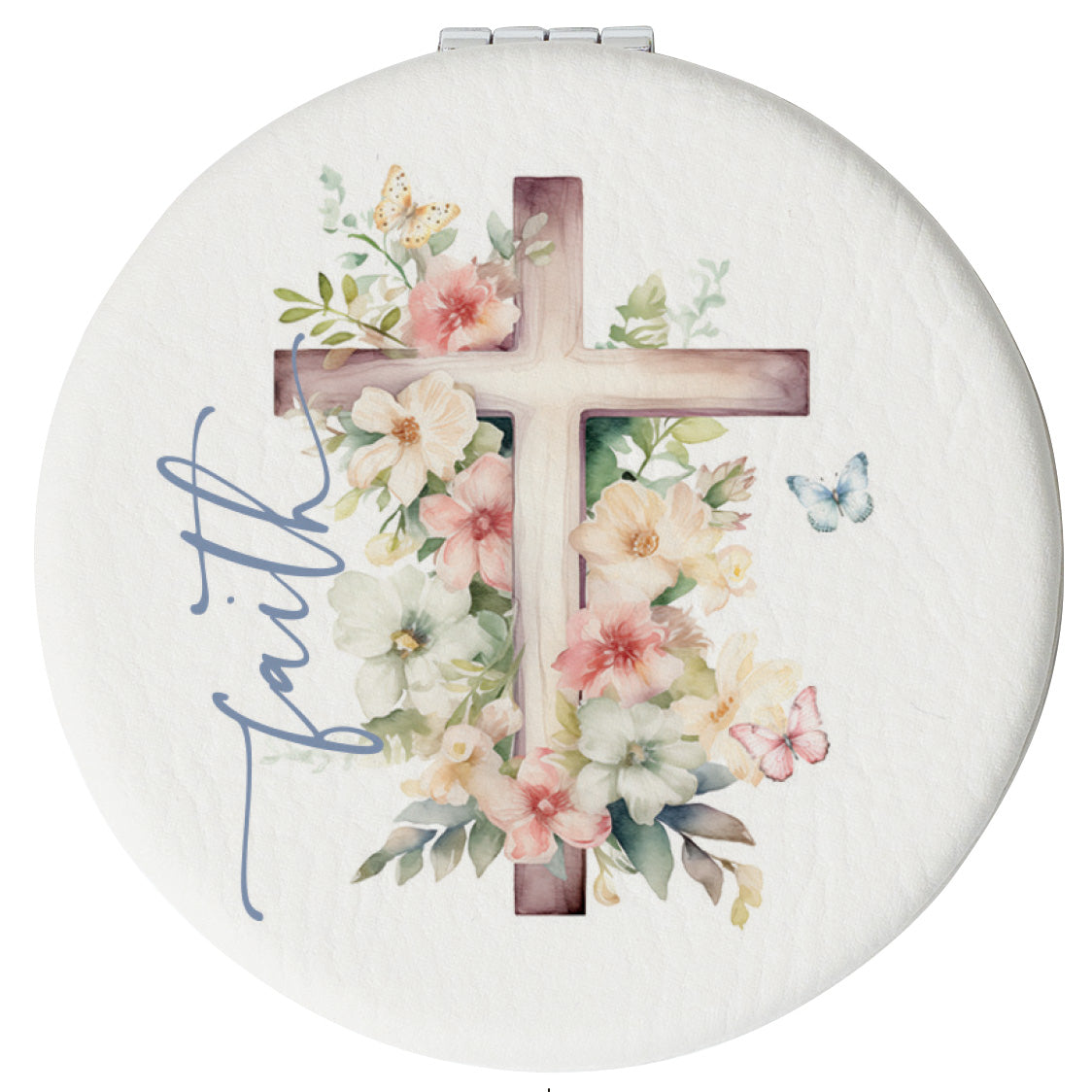 Round compact mirror with a leatherette cover, full-color “Faith” design, 1X and 2X mirrors inside, and magnetic closure.