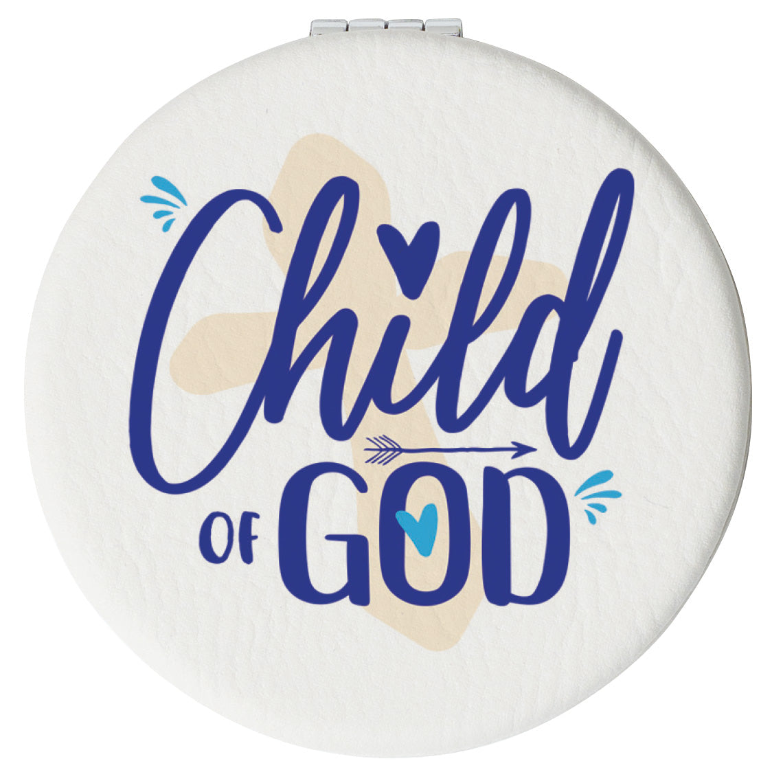 Round compact mirror with a leatherette cover, full-color “Child of God” design, 1X and 2X mirrors inside, and magnetic closure.