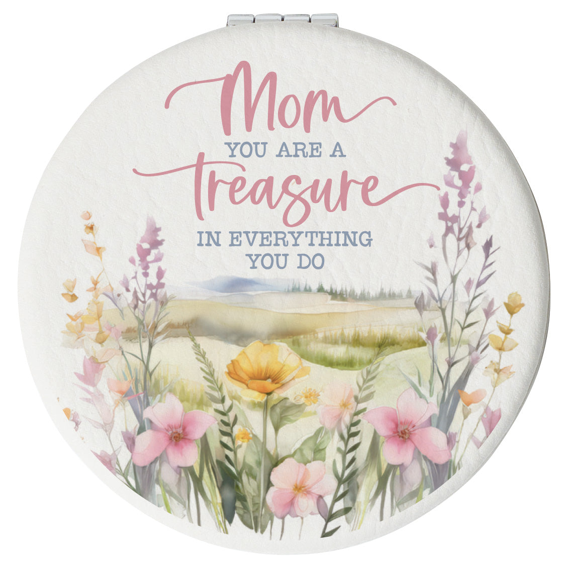 Round compact mirror with a leatherette cover, full-color “Mom” design, 1X and 2X mirrors inside, and magnetic closure.