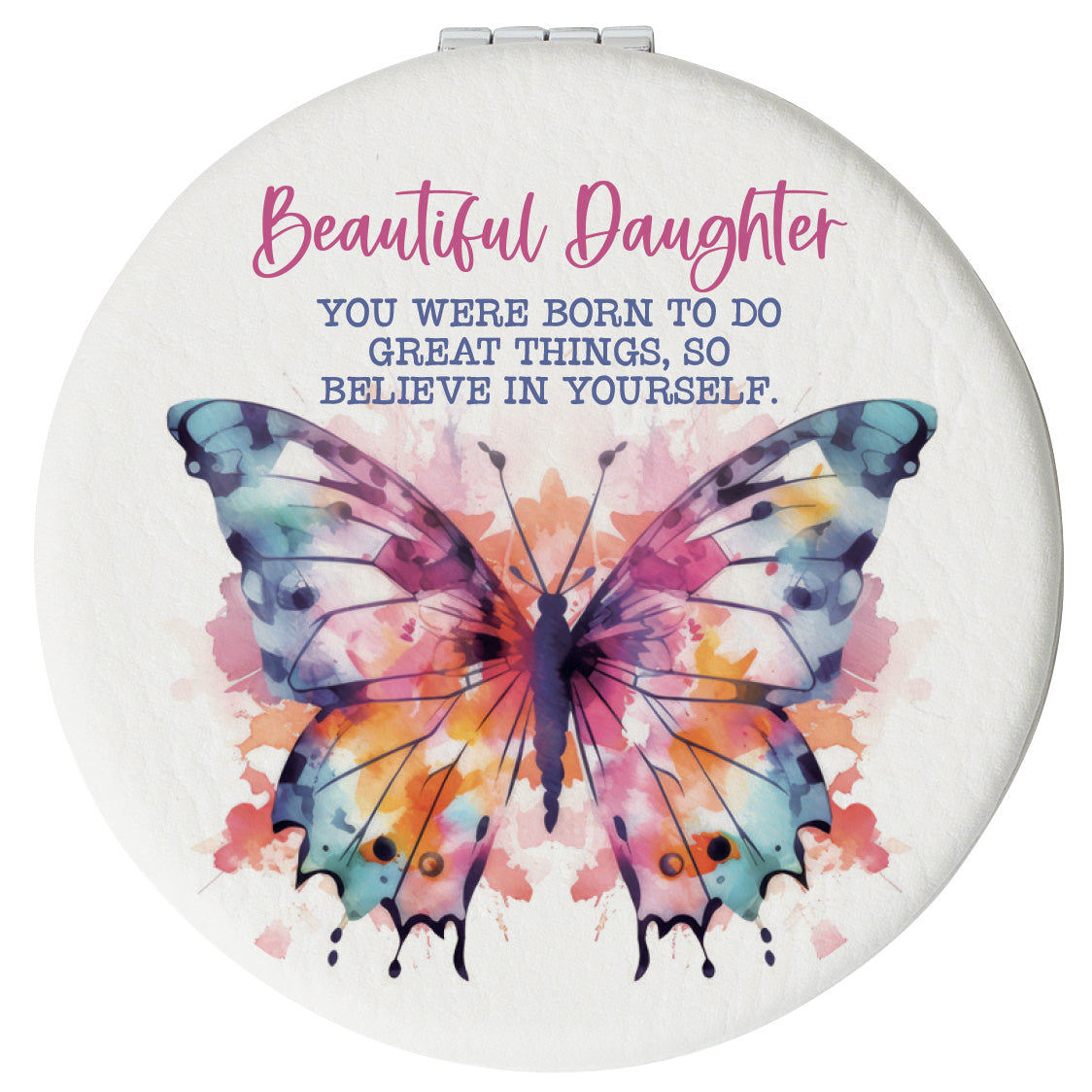 Round compact mirror with a leatherette cover, full-color “Beautiful Daughter” design, 1X and 2X mirrors inside, and magnetic closure.