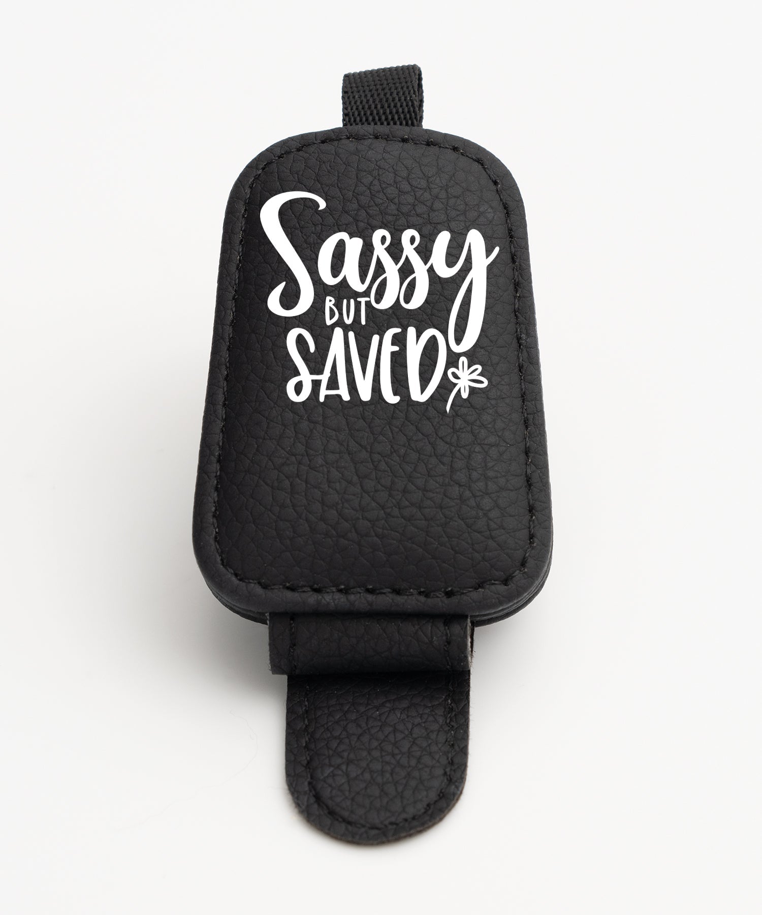 Sassy but Saved leatherette sunglasses visor clip with magnetic closure