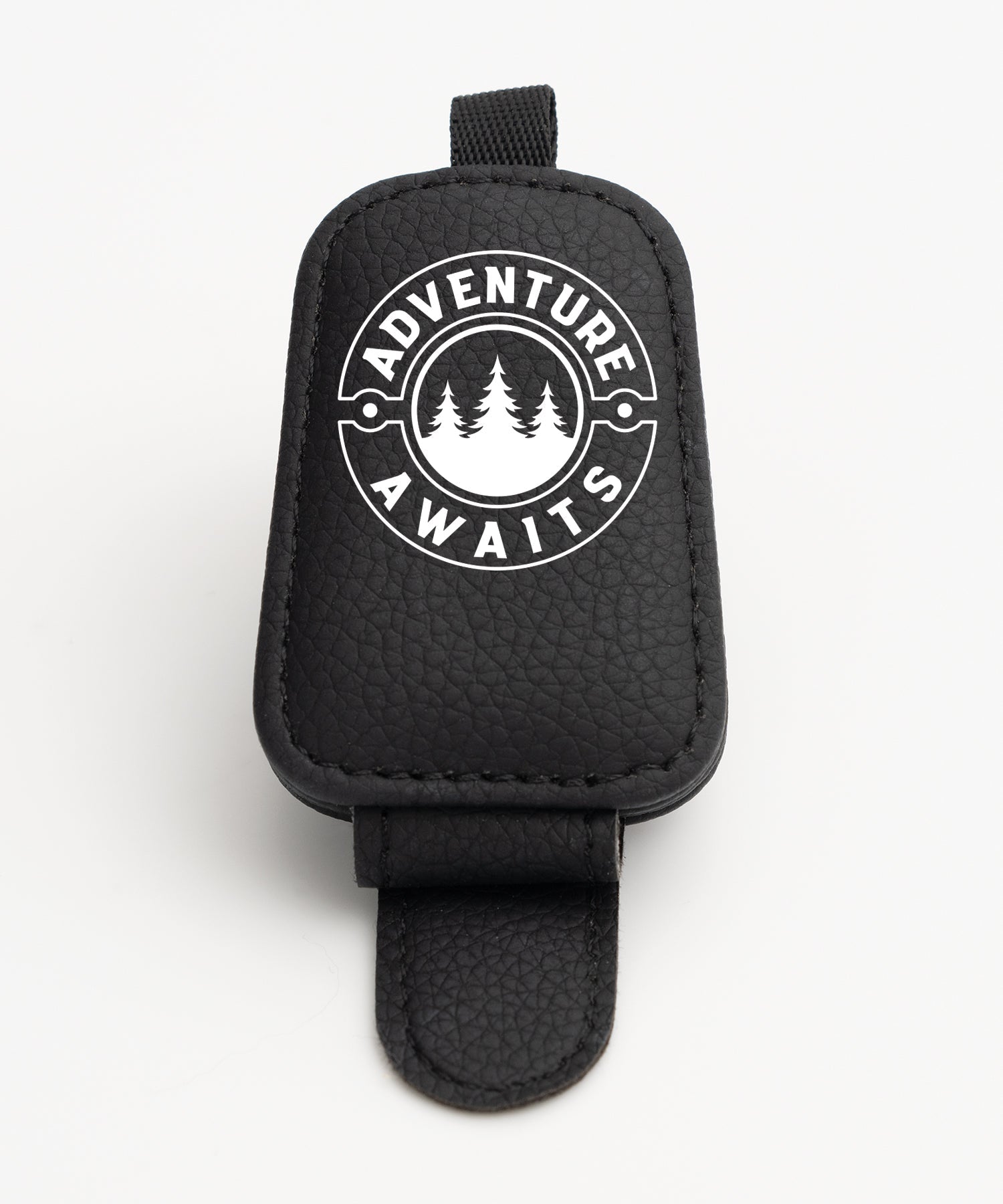 Adventure Awaits leatherette sunglasses visor clip with magnetic closure