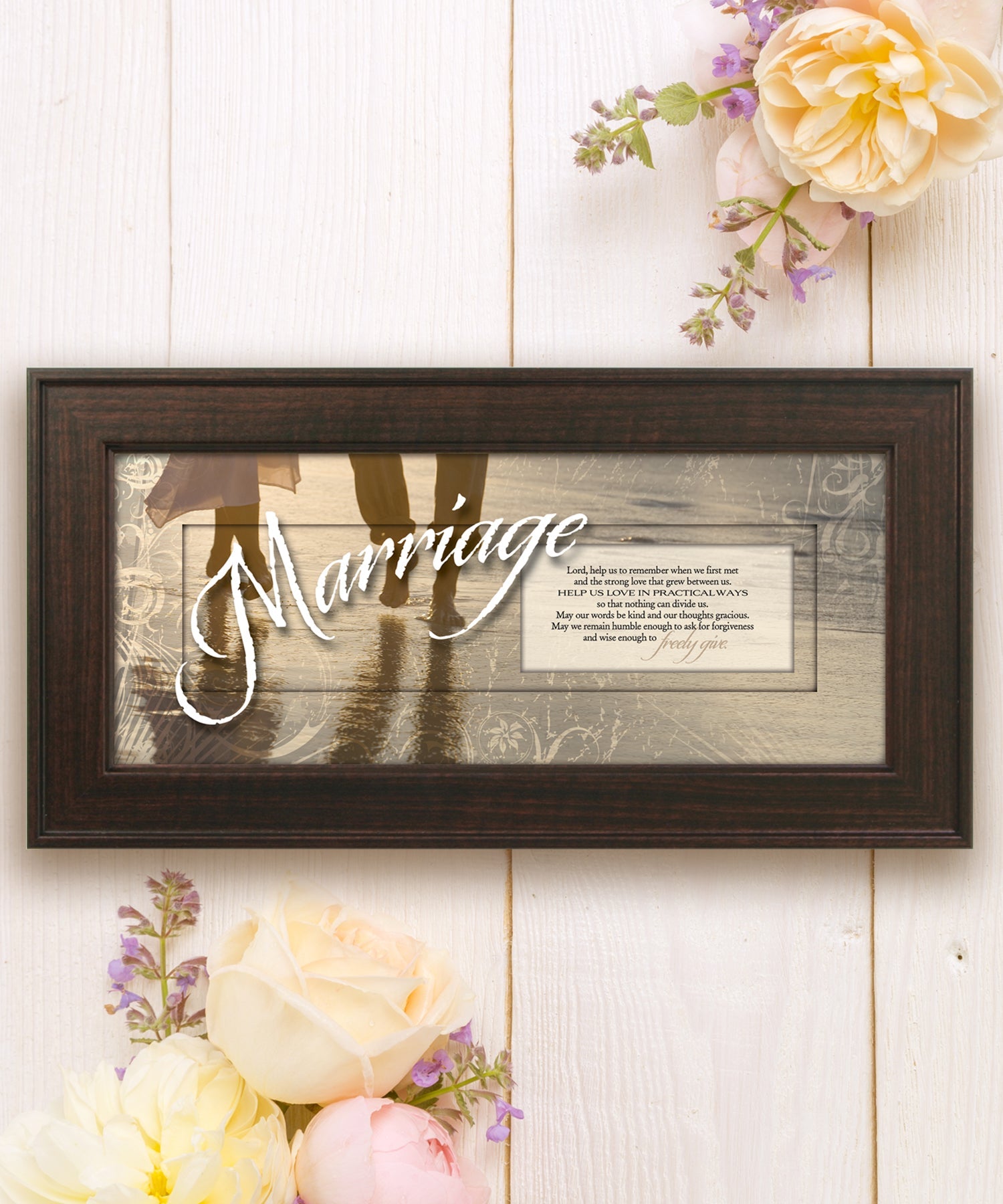 Marriage Framed Art with the inspirational quote displayed prominently. The design includes elegant typography on a textured background, framed in a classic wood frame with a sophisticated finish.