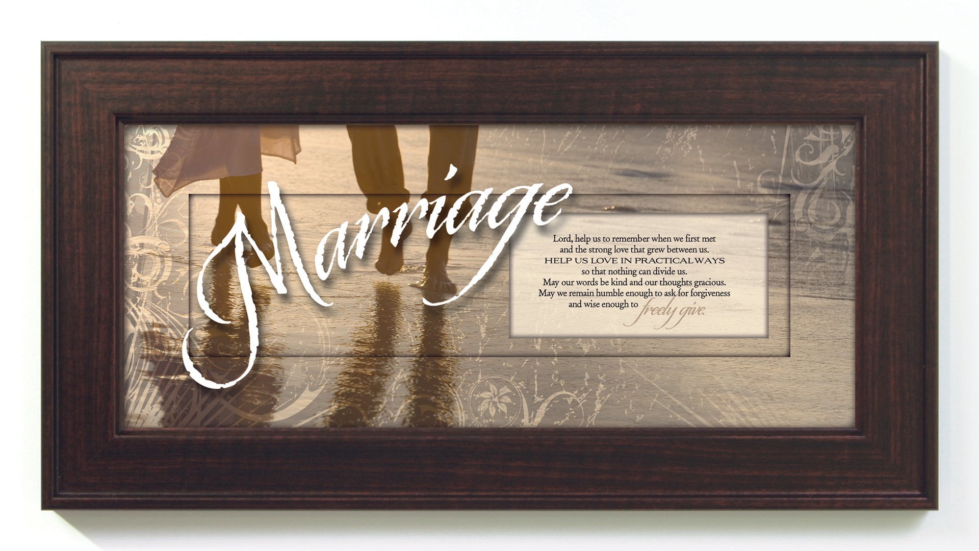 Marriage Framed Art with the inspirational quote displayed prominently. The design includes elegant typography on a textured background, framed in a classic wood frame with a sophisticated finish.