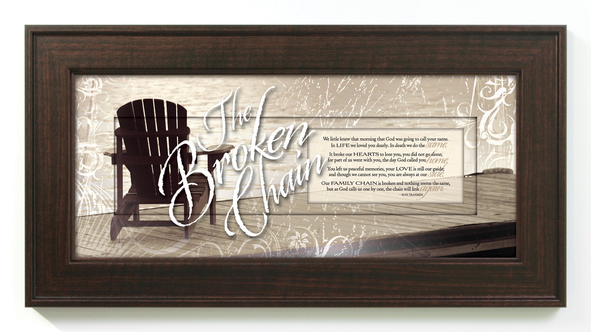 The Broken Chain Framed Art with the inspirational quote is displayed prominently. The design includes elegant typography on a textured background, framed in a classic wood frame with a sophisticated finish.
