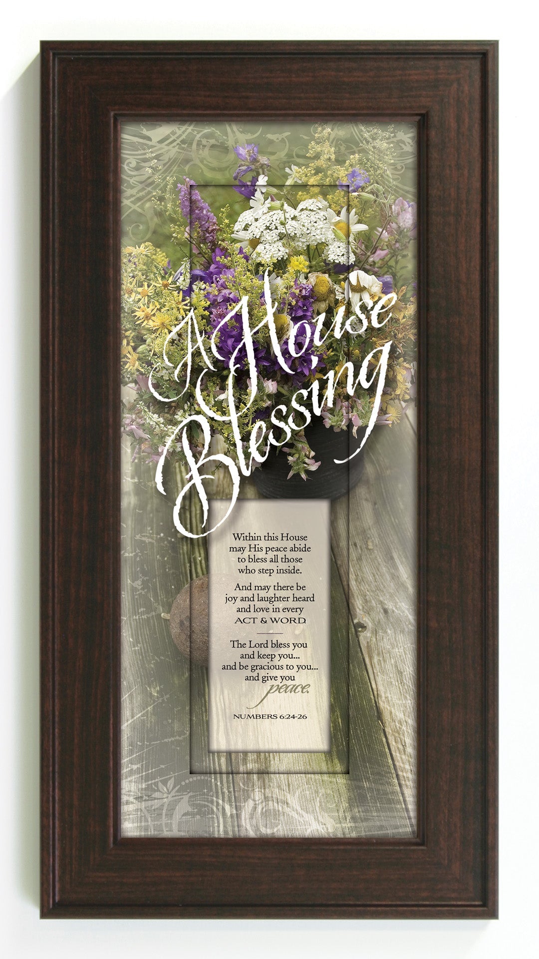 A House Blessing Framed Art with the inspirational quote is displayed prominently. The design includes elegant typography on a textured background, framed in a classic wood frame with a sophisticated finish.