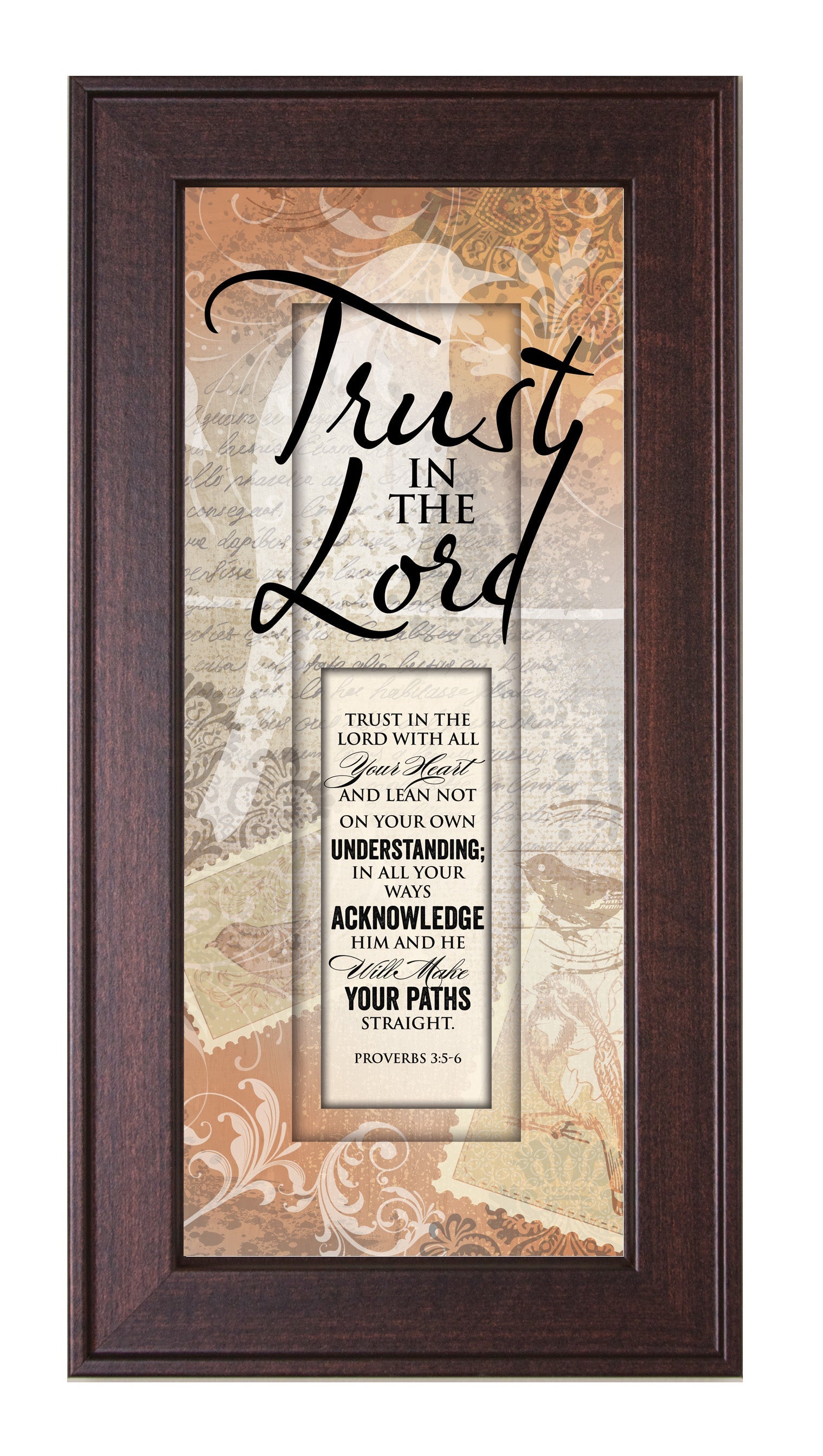 Trust in the Lord Framed Art with the inspirational quote displayed prominently. The design includes elegant typography on a textured background, framed in a classic wood frame with a sophisticated finish.