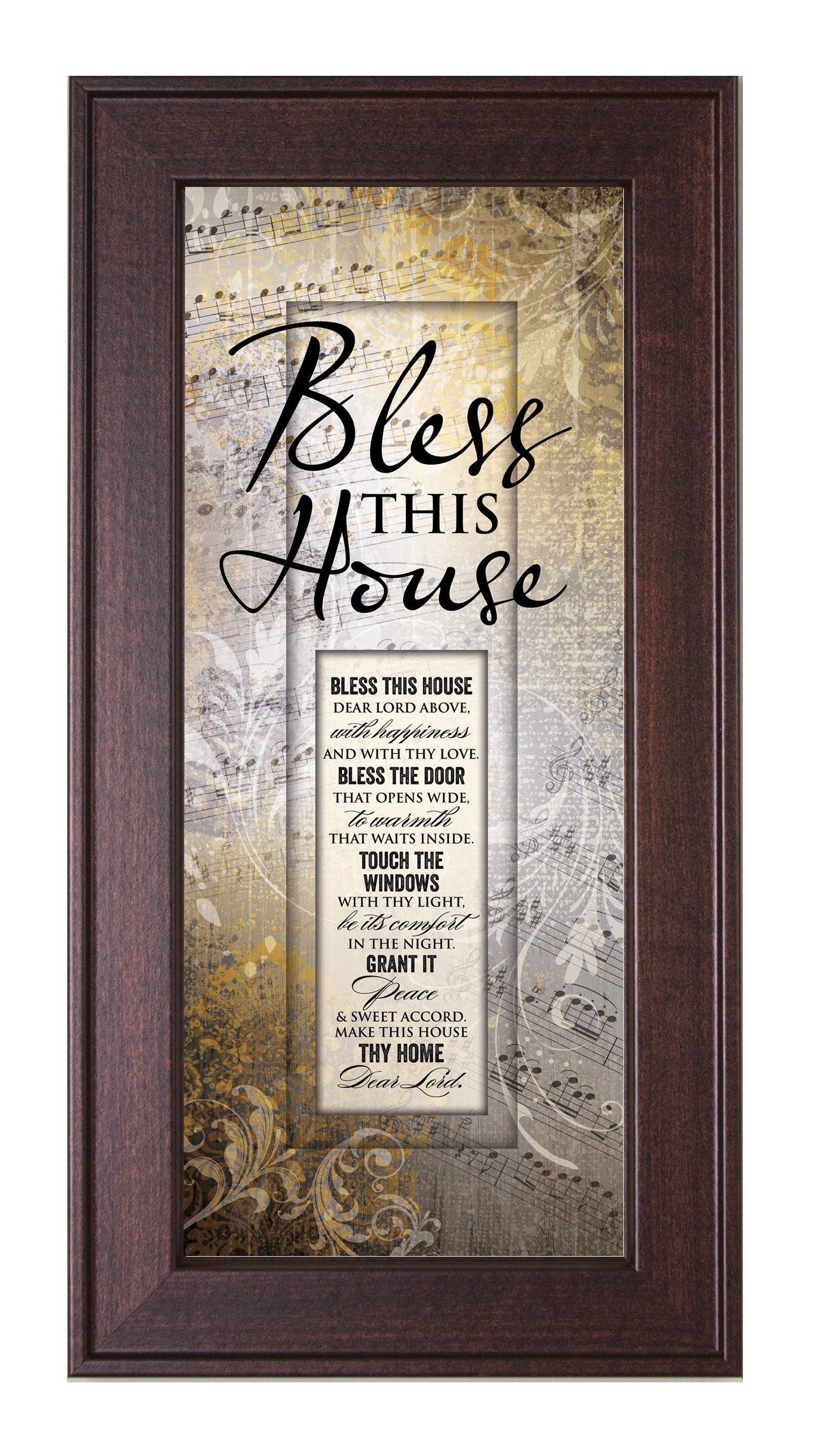 Bless This House Framed Art with the inspirational quote is displayed prominently. The design includes elegant typography on a textured background, framed in a classic wood frame with a sophisticated finish.
