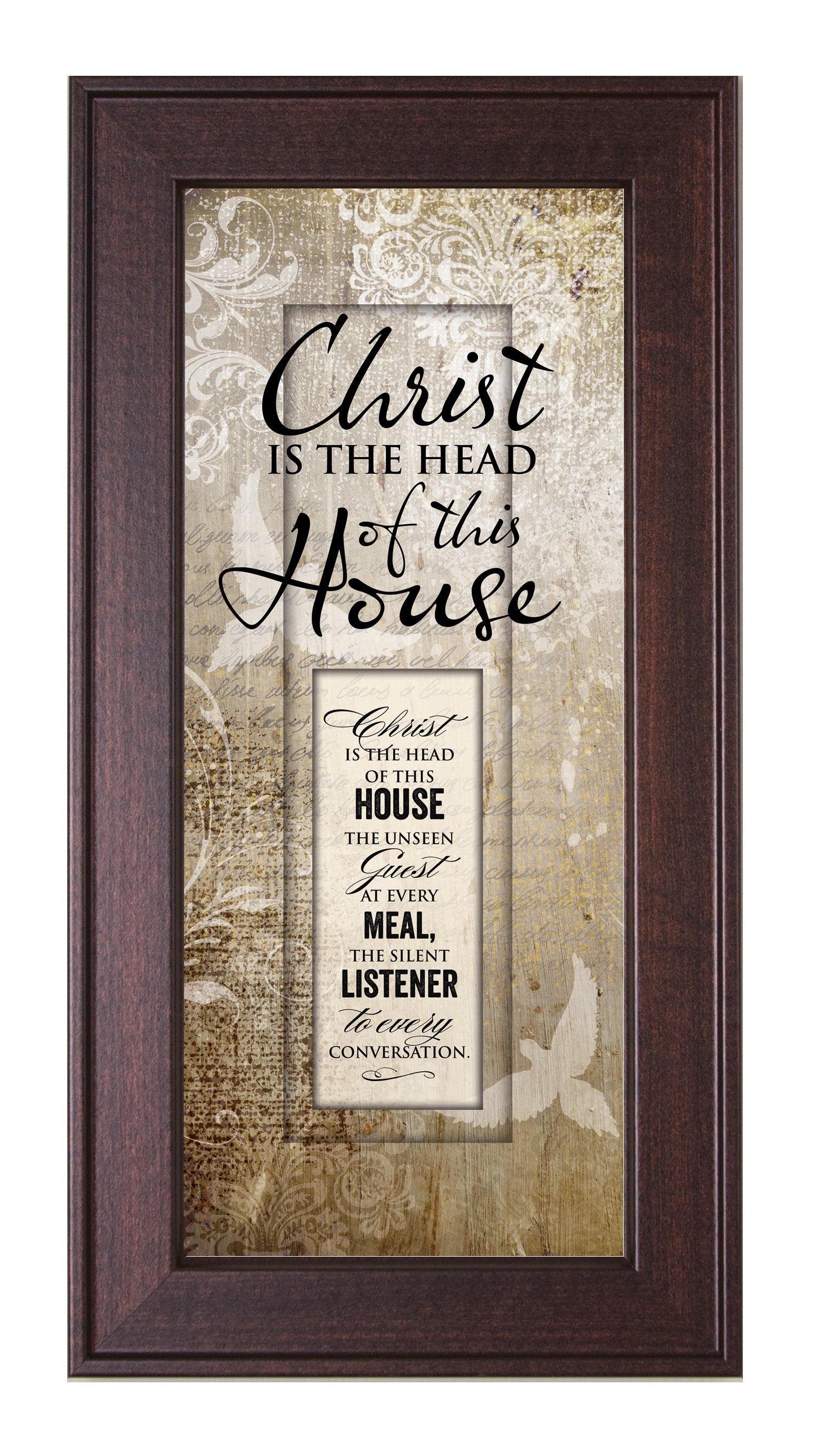Christ Is the Head Framed Art with the inspirational quote is displayed prominently. The design includes elegant typography on a textured background, framed in a classic wood frame with a sophisticated finish.