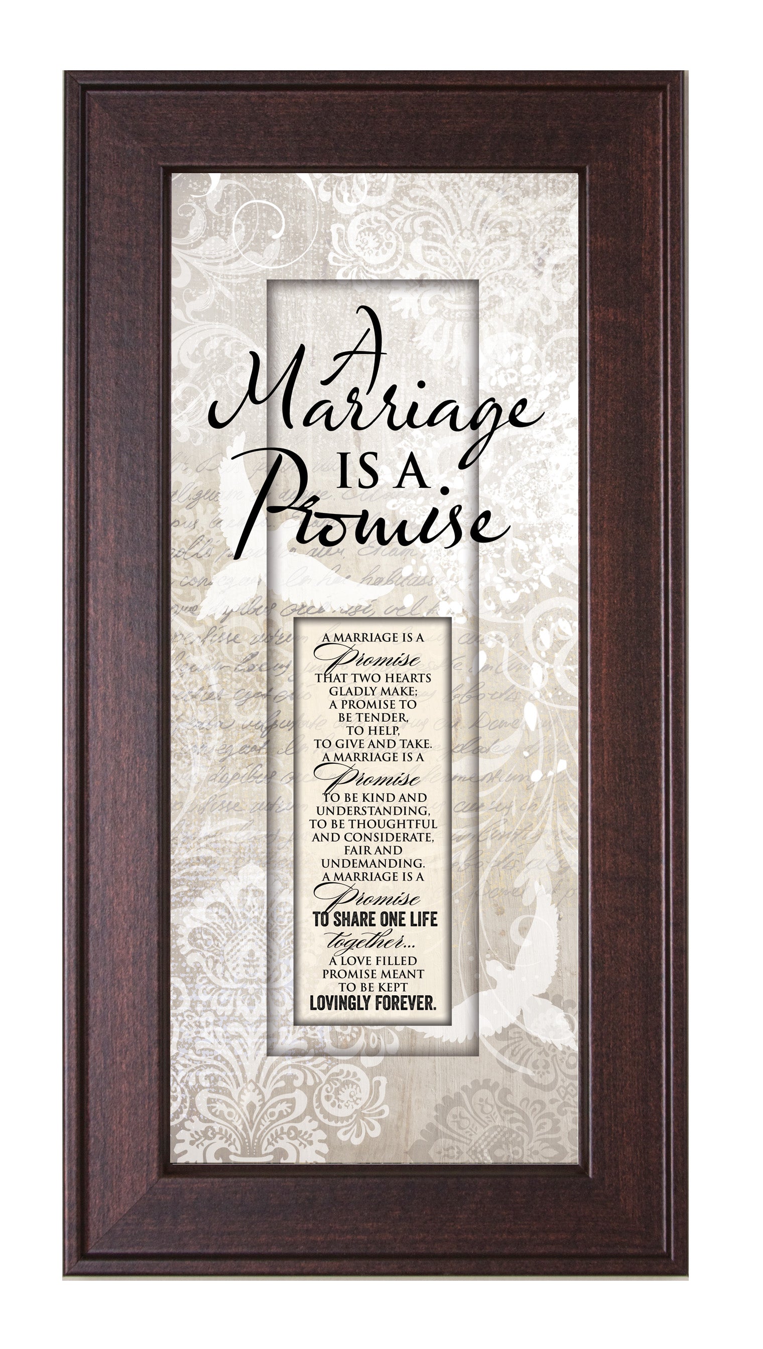 Marriage Promise Framed Art with the inspirational poem is displayed prominently. The design includes elegant typography on a textured background, framed in a classic wood frame with a sophisticated finish.