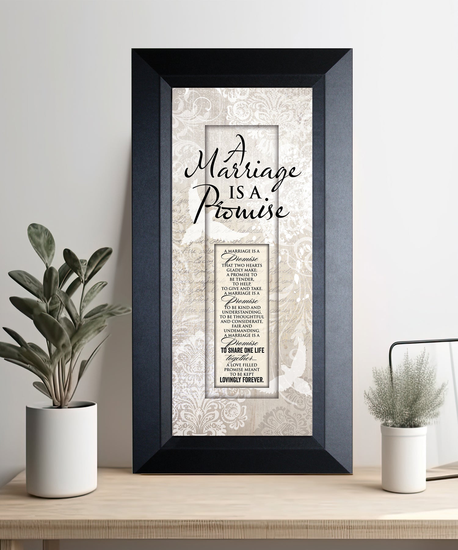 Marriage Promise Framed Art with the inspirational poem is displayed prominently. The design includes elegant typography on a textured background, framed in a classic wood frame with a sophisticated finish.