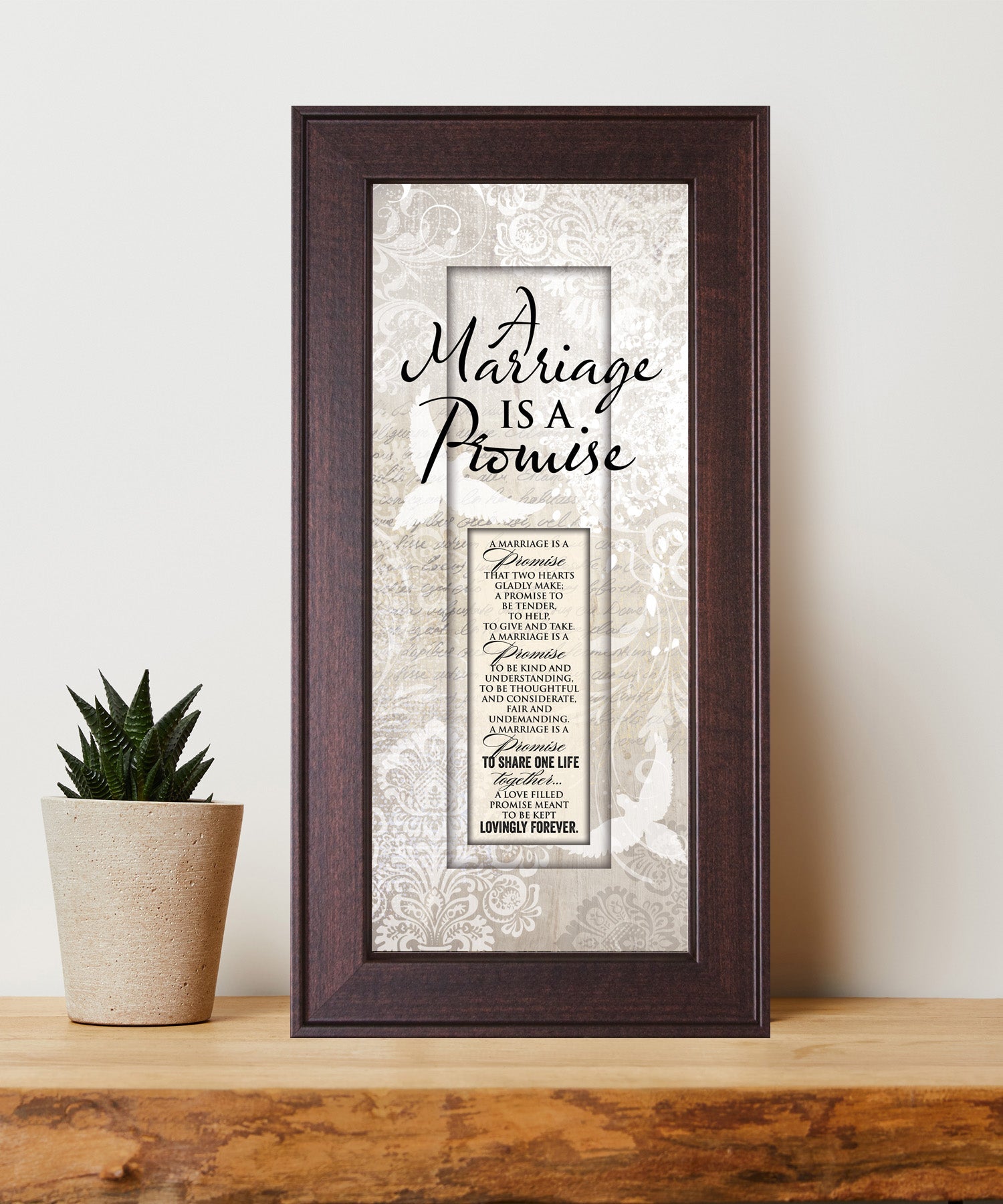 Marriage Promise Framed Art with the inspirational poem is displayed prominently. The design includes elegant typography on a textured background, framed in a classic wood frame with a sophisticated finish.