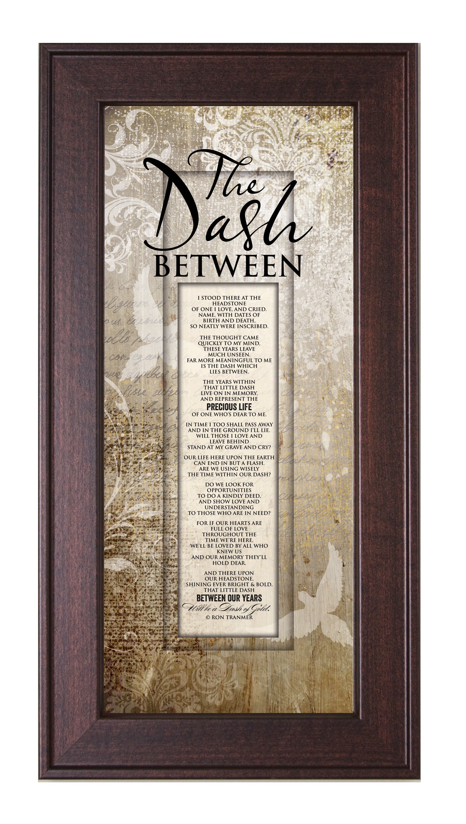 The Dash Between Framed Art with the inspirational poem is displayed prominently. The design includes elegant typography on a textured background, framed in a classic wood frame with a sophisticated finish.
