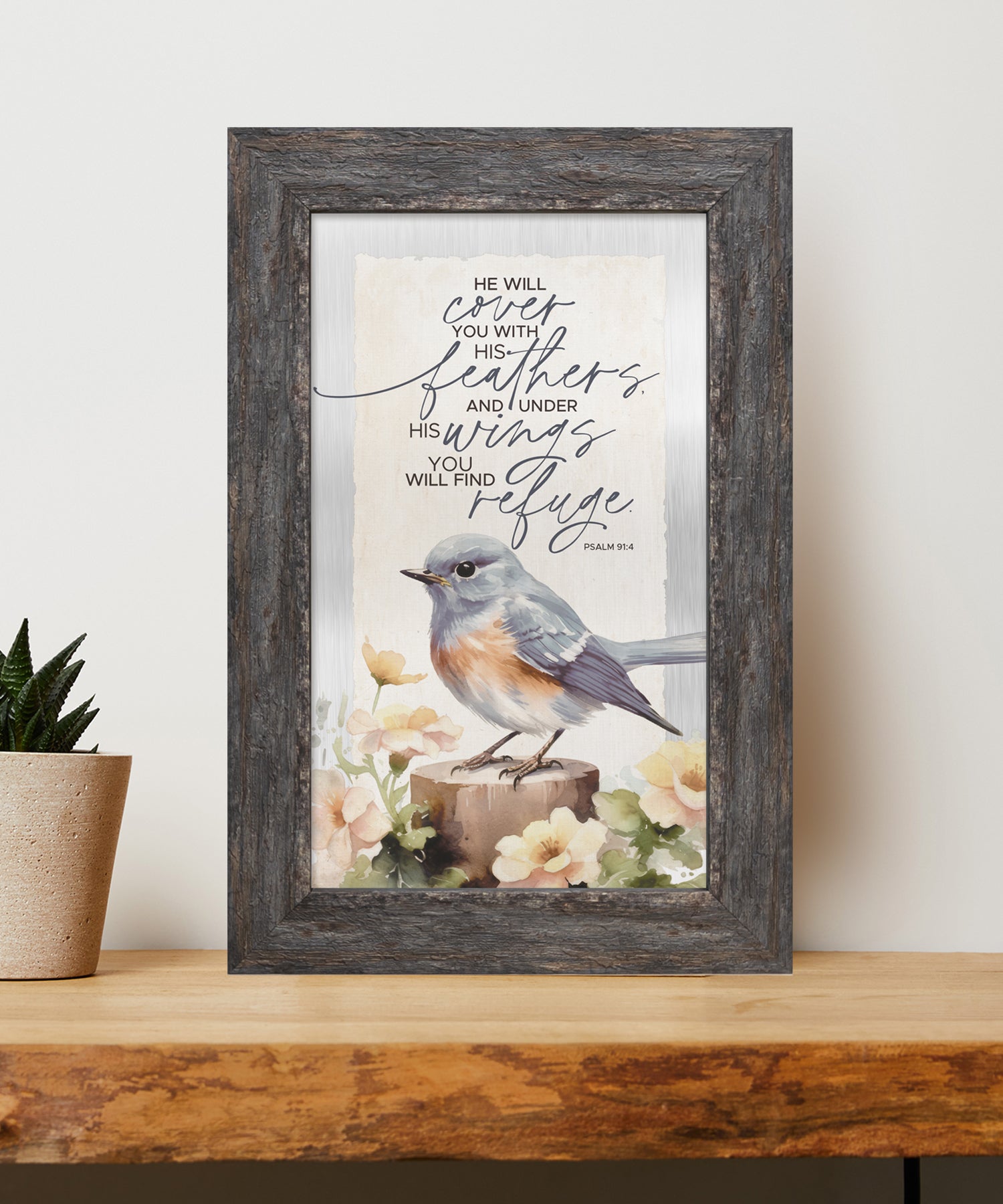 He Will Cover Metal Framed Art with Inspirational Message in Weathered Gray Barnwood Frame