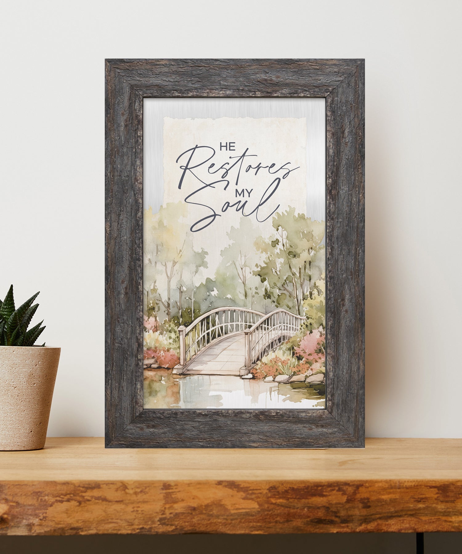 He Restores My Soul Metal Framed Art with Inspirational Message in Weathered Gray Barnwood Frame
