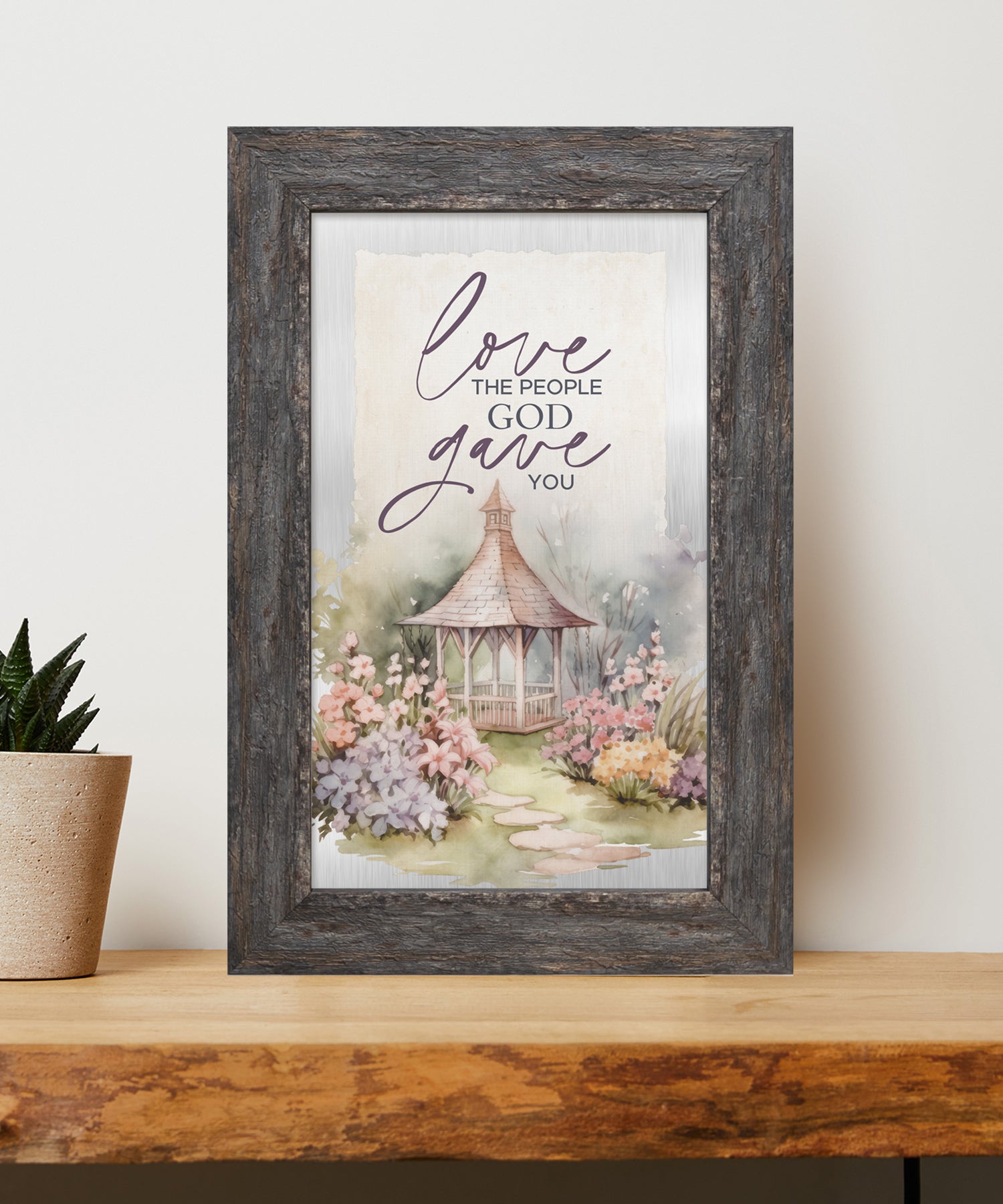 Love the People Metal Framed Art with Inspirational Message in Weathered Gray Barnwood Frame