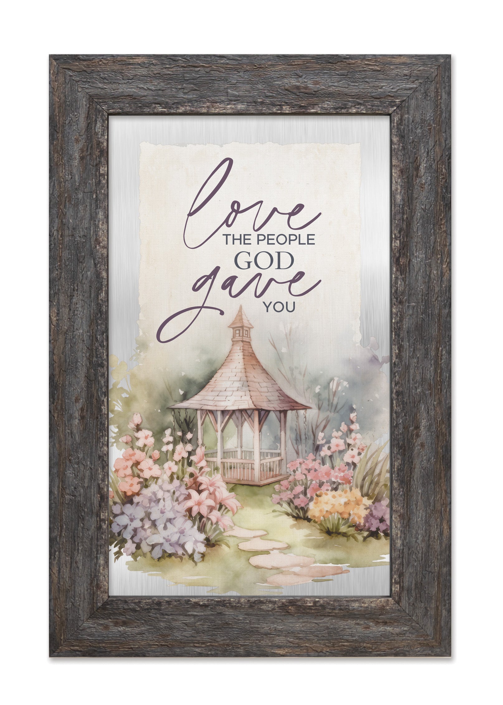 Love the People Metal Framed Art with Inspirational Message in Weathered Gray Barnwood Frame