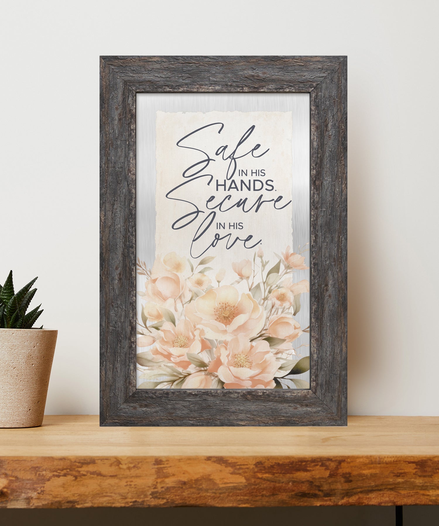 Safe in His Hands Metal Framed Art with Inspirational Message in Weathered Gray Barnwood Frame