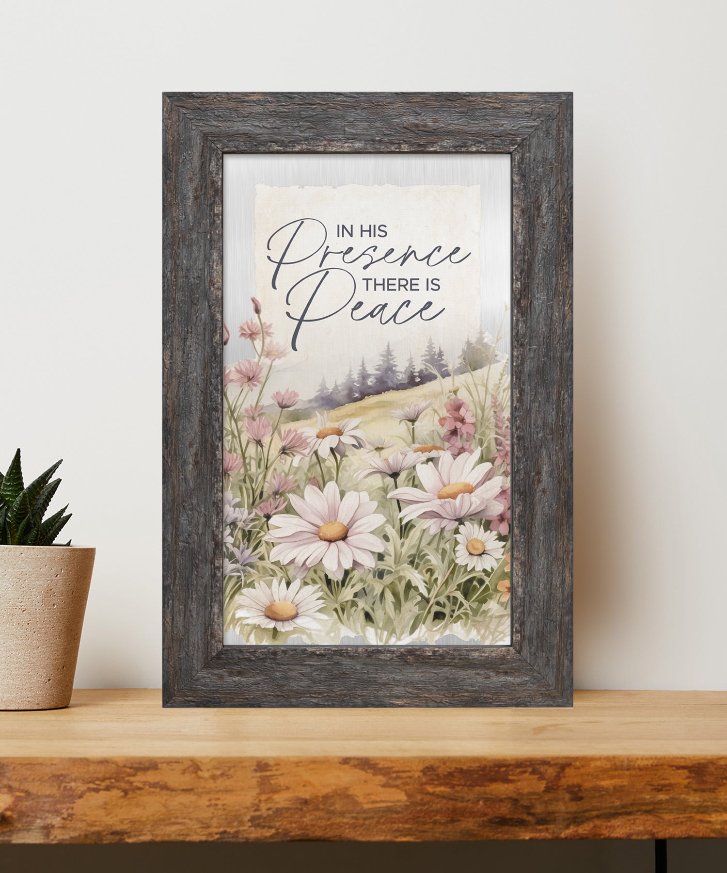 In His Presence Metal Framed Art with Inspirational Message in Weathered Gray Barnwood Frame