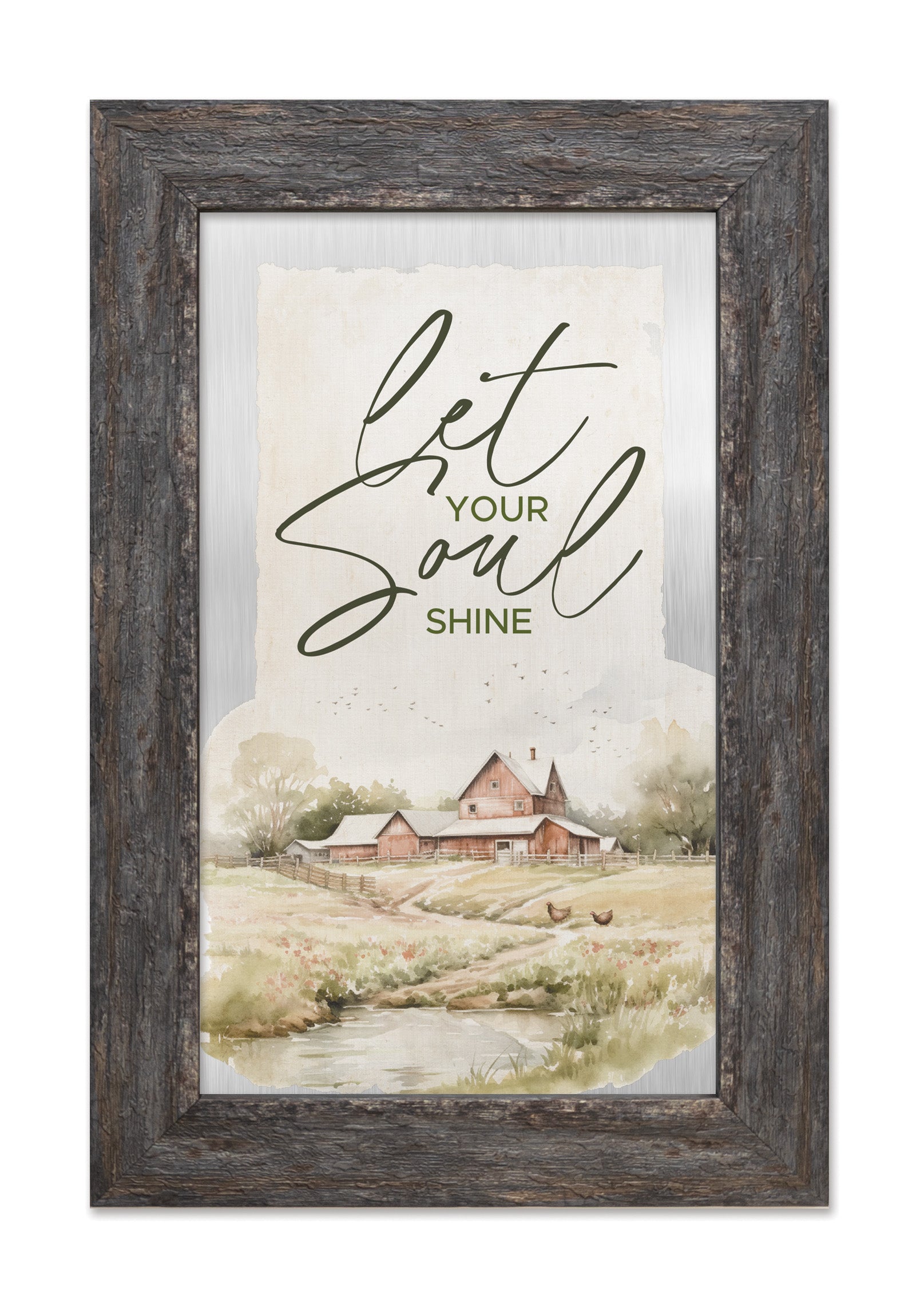 Let Your Soul Shine Metal Framed Art with Inspirational Message in Weathered Gray Barnwood Frame
