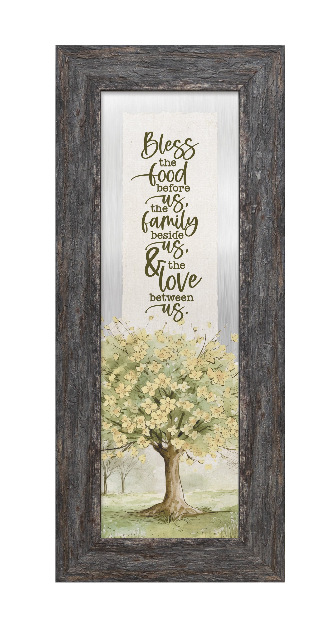 Bless the Food Metal Framed Art with Inspirational Message in Weathered Gray Barnwood Frame