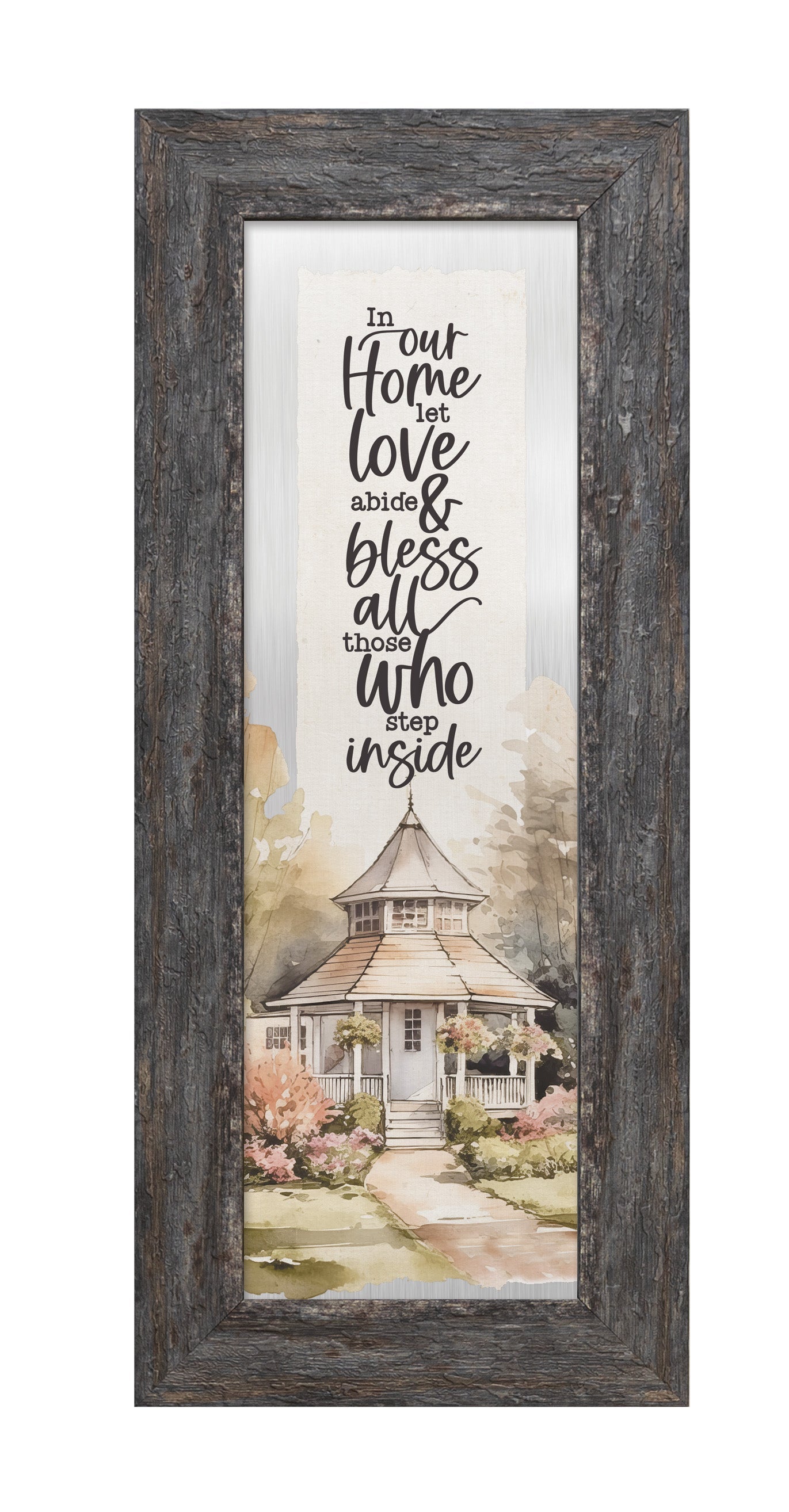 In Our Home Metal Framed Art with Inspirational Message in Weathered Gray Barnwood Frame