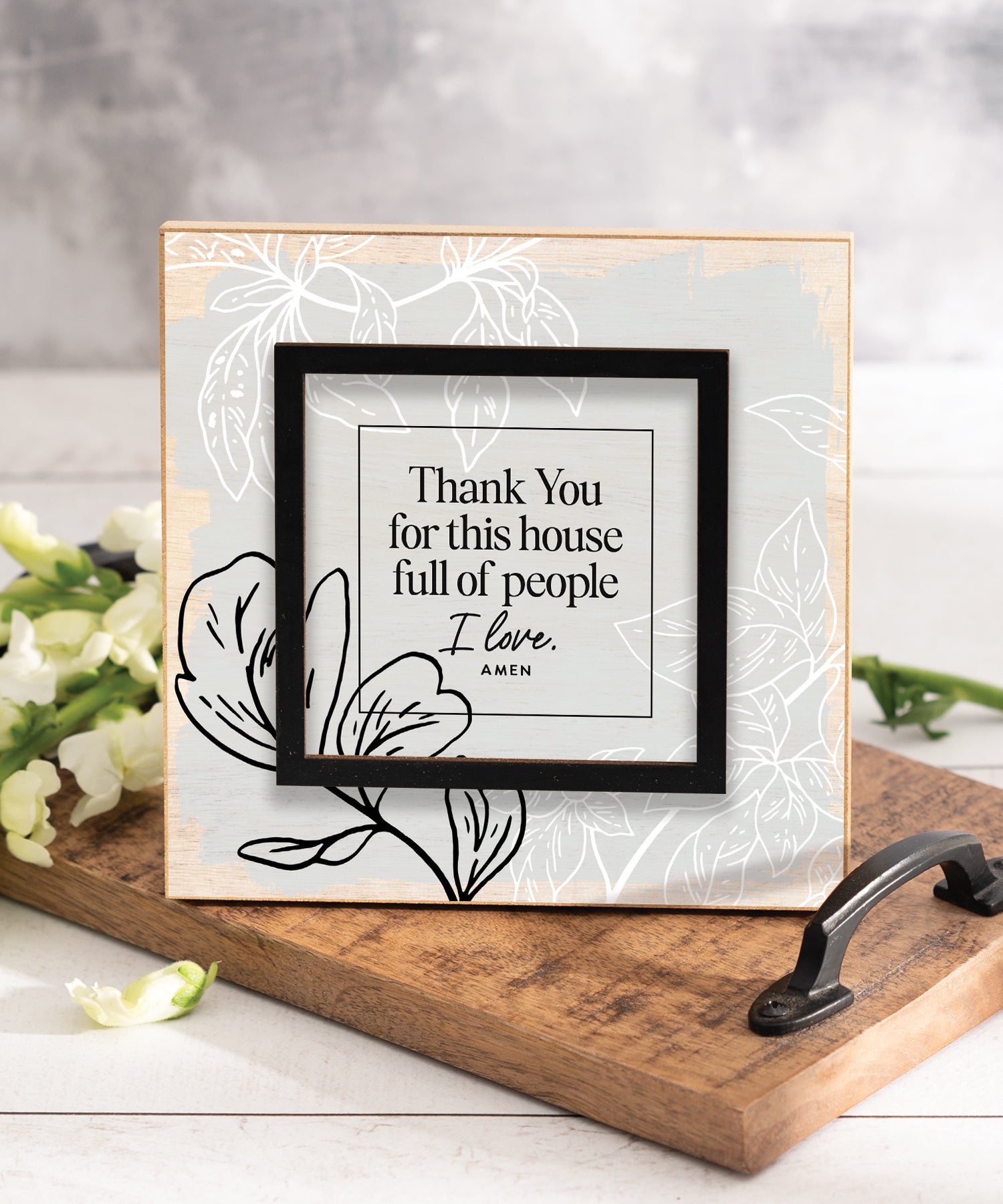 Thank You for the House 6x6 Layered Grace Plaque with laser-cut black accent, neutral modern artwork, and gratitude message